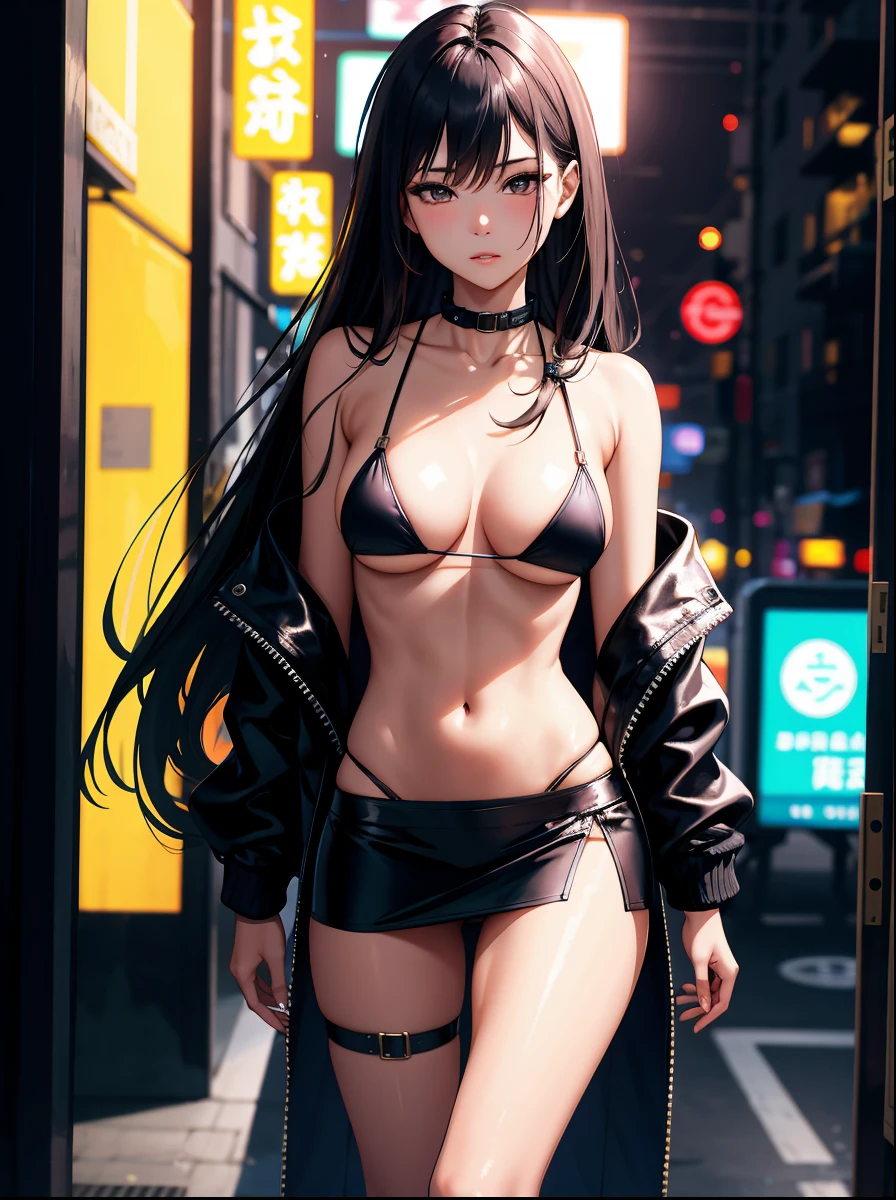 SFW, 独奏, Beautiful caucasian woman, ciberpunk, exteriors, night time, neon lights, open jacket, absurdly long hair, microskirt, Straps, black bikini, micro bikini, cleavage, small thin collar, Dark hair, leather skirt, fishnets, Average Breasts,, fit body, Perfect anatomy of the body