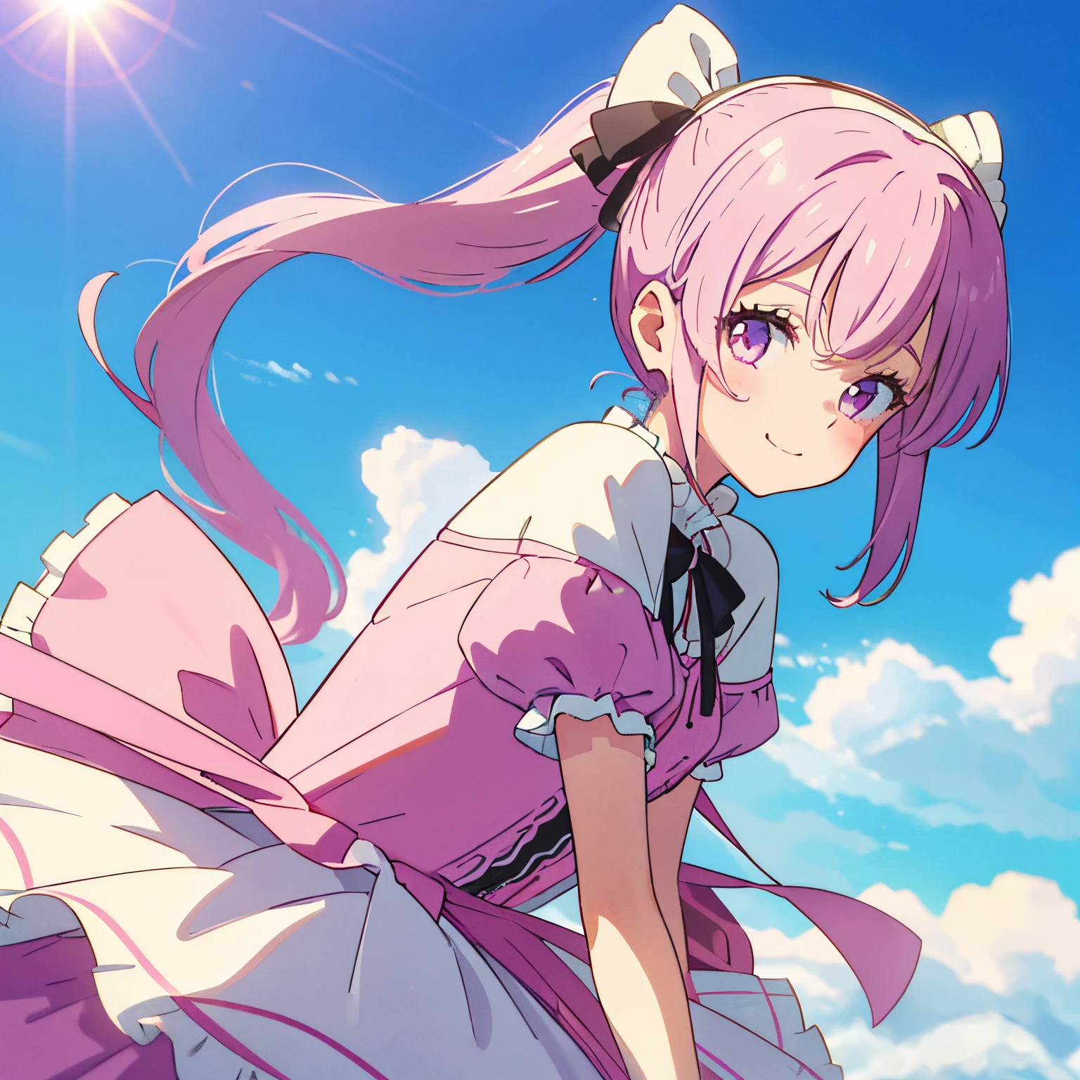 (Best quality at best:1.2), girl, A vibrant,in pink,cerulean, Black double ponytail, Cheerful appearance, cute and sweet, Candy accessories, ta fashion, Upper body focus, Creamy white, Smiling faces, Front view, Blue sky and sunshine,Snacking,cute clothing