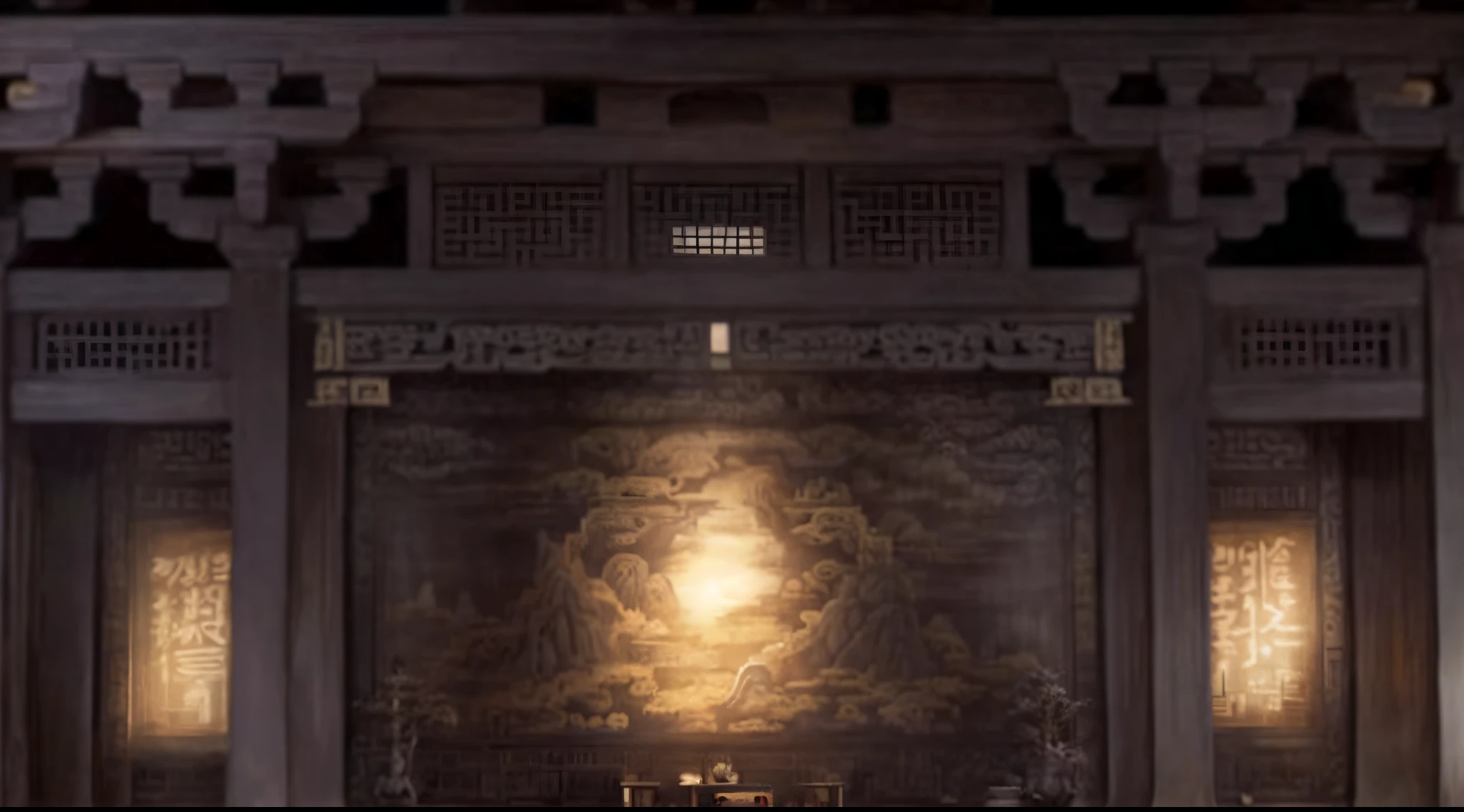 Panorama painting，epic ink painting，A hall of ancient Chinese architecture，Exquisite interior，，Depth of field effect，Be imaginative，fanciful，senior color matching，Can't believe how beautiful it is，，Face，16K