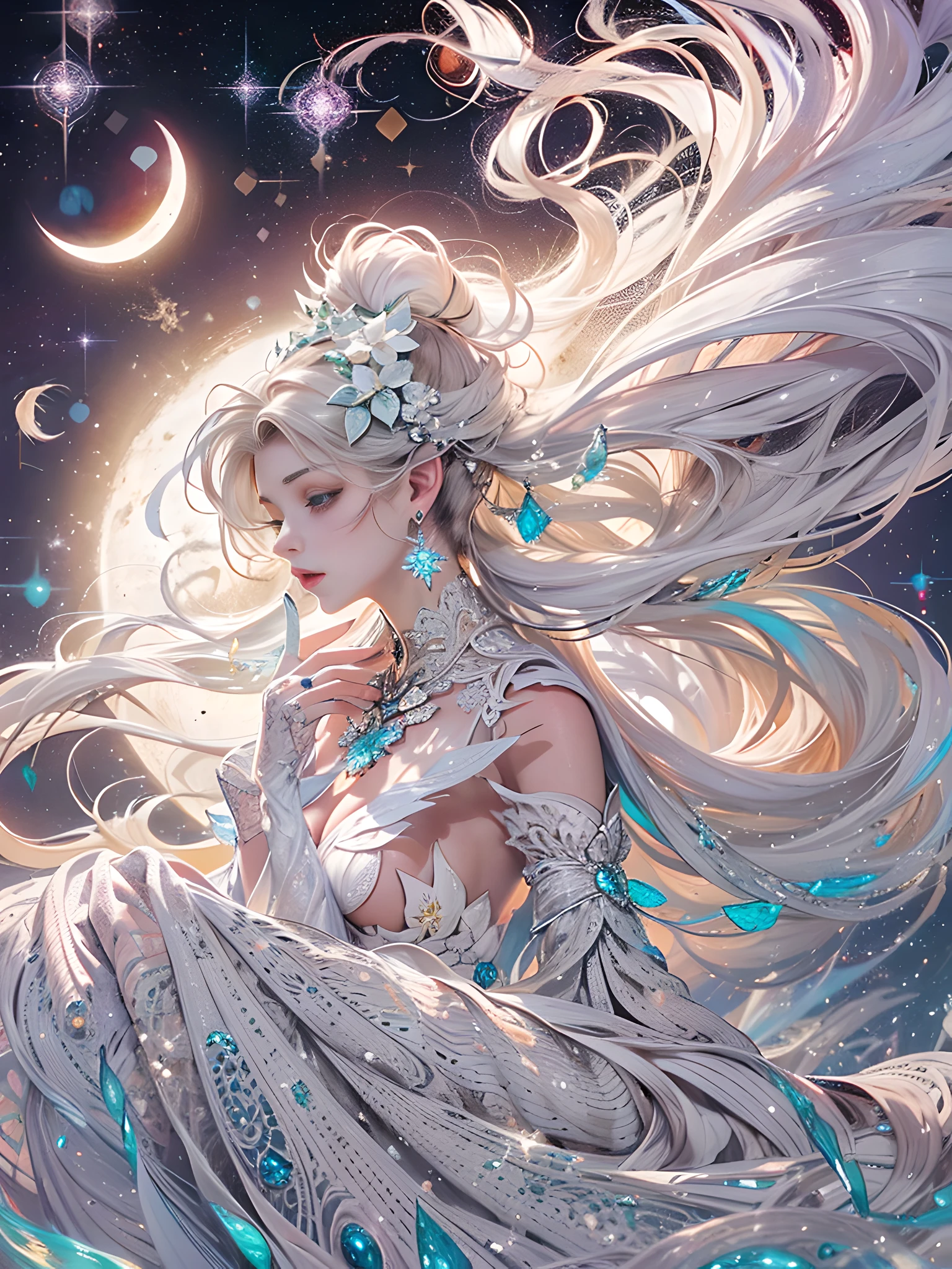 offcial art, Unity 8k壁纸, ultra - detailed, Beautiful and beautiful, tmasterpiece, Best quality, (tangled, datura, clew, meshing), (s fractal art: 1.3), Princess Serenity in January, (Hairstyle 2 Odango and Long 2 Ponytail)New Moon, The content is very detailed, dynamic angle, cow boy shooting, Chaos in its most beautiful form, Elegant, Fauvistdesign, vibrant with colors, romanticism lain, stars shining bright, aurora borealis