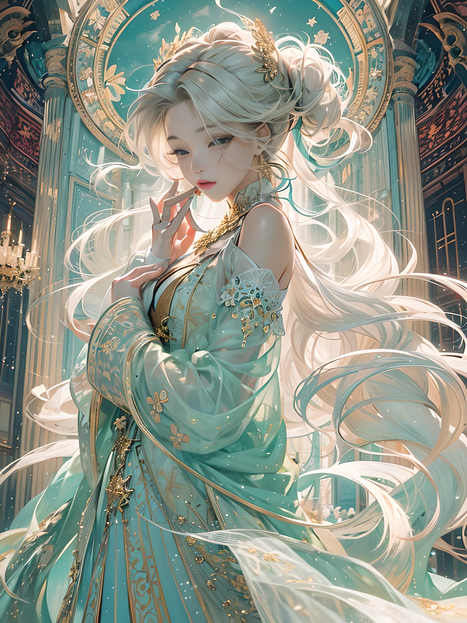 offcial art, Unity 8k壁纸, ultra - detailed, Beautiful and beautiful, tmasterpiece, Best quality, (tangled, datura, clew, meshing), (s fractal art: 1.3), Princess Serenity in January, (Hairstyle 2 Odango and Long 2 Ponytail)New Moon, The content is very detailed, dynamic angle, cow boy shooting, Chaos in its most beautiful form, Elegant, Fauvistdesign, vibrant with colors, romanticism lain, stars shining bright, aurora borealis