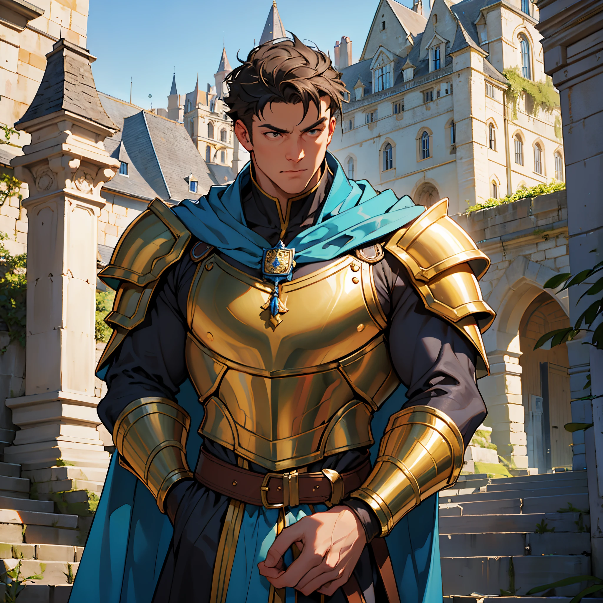 ​masterpiece, Best Quality, 4k, Very detailed, Close-up of a person&#39;Upper body body, Background with:In front of the stairs of a medieval castle built on a lake, knight in golden armor and blue cloak, street fighter type, A dark-haired