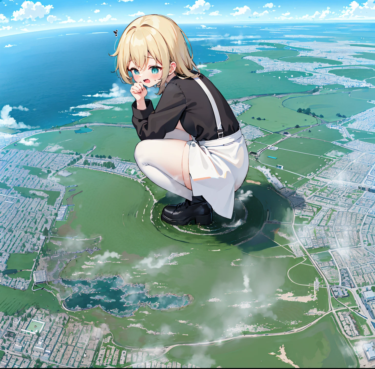 NSFW，​​clouds， looking over city， mountain ranges， tmasterpiece, Best quality at best, The content is very detailed,tmasterpiece,Best quality at best,offcial art,extremely detaild的 CG unified 8k wallpapers，{{{A giantess}}}，Huge girl，1个Giant Breast Girl，modern miniature city，pissing，no shoe，{blackstockings}，squatt，face flushed，comfortable expressions，pissing，urine，Nourishes urine，urine squirting，Urine gives off steam，Modern miniature city squatting and peeing ，Soak your feet，white  panties，The city is full of urine