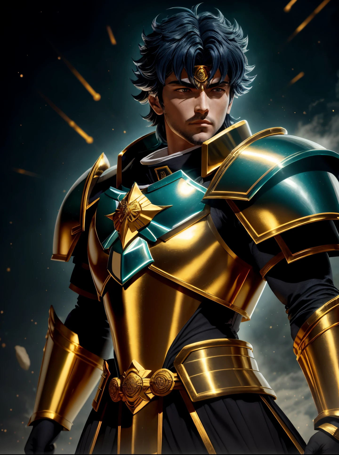 Saint Seiyan the return of the saint, Saint Seiya, knights of zodiac girl, Deus. dramatic gold blue lighting, Portrait Knights of the Zodiac, joseph joestar, unreal motor render Sao Seiya, cetro, Deus grego no estilo mecha, usando armadura dourada, deus imperador de Duna, O Deus Imperador da Humanidade, Furioso Deus Zeus, Arte Oficial
