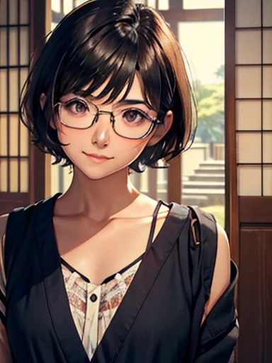 One woman, Japan people in their 20s, symmetrical beauty, Small face, sharp outline, A dark-haired, Shoulder length short bob hair, Curly hair, The hair near the shoulders should have strong waves., With bangs, thick eyebrow, 二重まぶた, drooing eyes, Small nose, Thicker lips, (Rimless glasses, Small glasses, glasses for women), Wheat-toned skin, H Cup, a smile, A slight smil, directly in front of the camera, looking directly at the viewer, Looking at the camera.