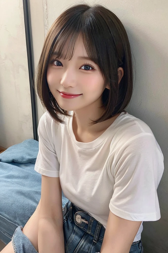 on the beds、(A hyper-realistic), (illustratio), (hight resolution), (8K), (ighly detailed), (The best illustrations), (Beautiful detailed eyes), (top-quality), (ultra-detailliert), (masterpiece), (wall-paper), (详细的脸), (beautiful smiling face)、(美丽的面容)、Medium bob cut hair、独奏、(((Cute Japan Beautiful Girl)))、 ((20 year old beautiful Japanese girl wearing a white tight T-shirt and denim shorts))、