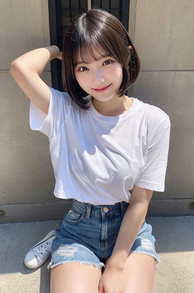 on the beds、(A hyper-realistic), (illustratio), (hight resolution), (8K), (ighly detailed), (The best illustrations), (Beautiful detailed eyes), (top-quality), (ultra-detailliert), (masterpiece), (wall-paper), (详细的脸), (beautiful smiling face)、(美丽的面容)、Medium bob cut hair、独奏、(((Cute Japan Beautiful Girl)))、 ((20 year old beautiful Japanese girl wearing a white tight T-shirt and denim shorts))、