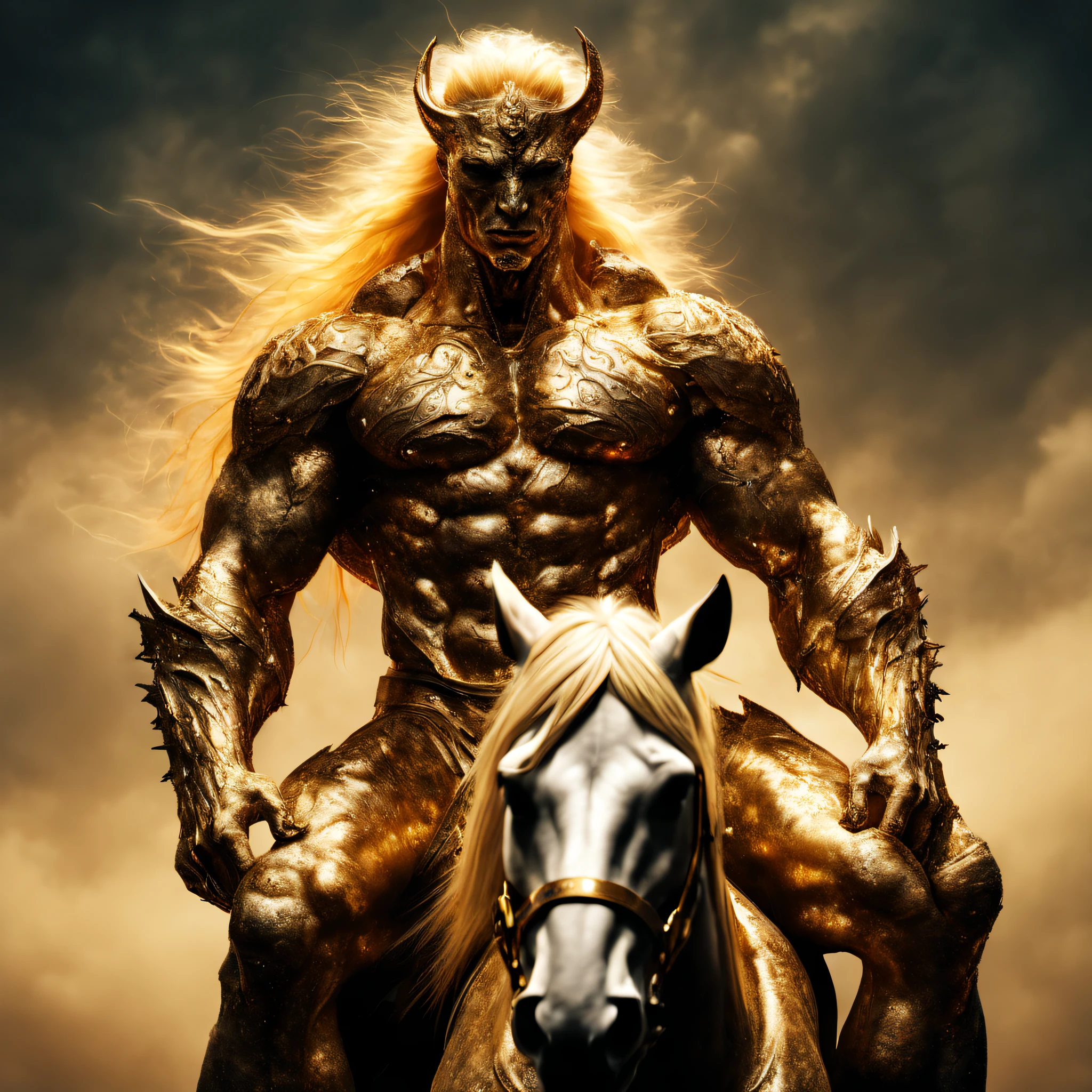 (a majestic creature with the body of a horse and the head of a man, a muscular human head on a horse'Corpo, fantasy horse-human hybrid),(golden fur shining in the cosmic light:1.1),(constructed golden mane and tail),(Strong and robust physique) Hellraiser e convocar o infame Pinhead, o derradeiro mestre Cenobita da dor e do prazer