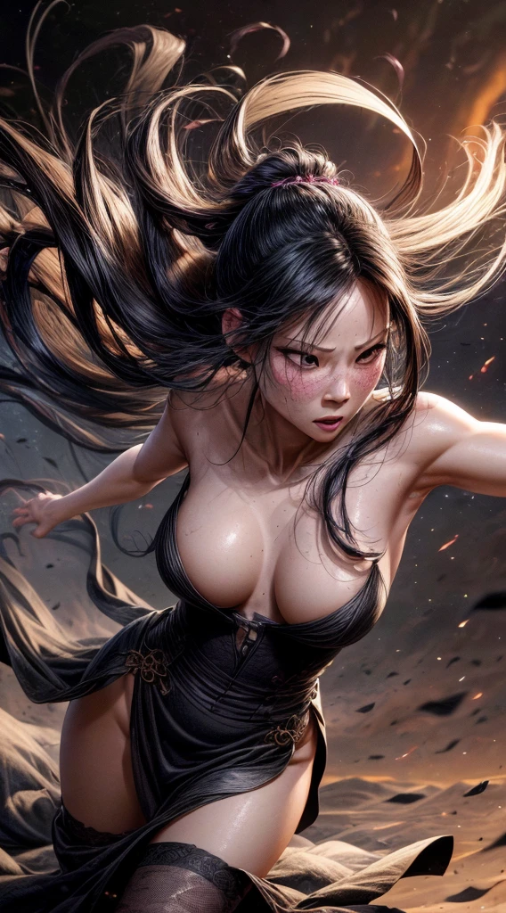 (best quality,4k,8k,highres,masterpiece:1.2),ultra-detailed,(realistic,photorealistic,photo-realistic:1.37), Lucy Liu in a long and flowing but very revealing translucent black and purple Asian dress, angry expression,detailed eyes and face,long eyelashes,tattered black dress,tattered black hair,flowing hair, she has many small scrapes and bruises, dark energy swirling around her,billowing dress,hair blowing in the wind,dark energy sparks off her hands like lightning,head to toe. set at night time in a feudal Asian village, an army of undead follow her