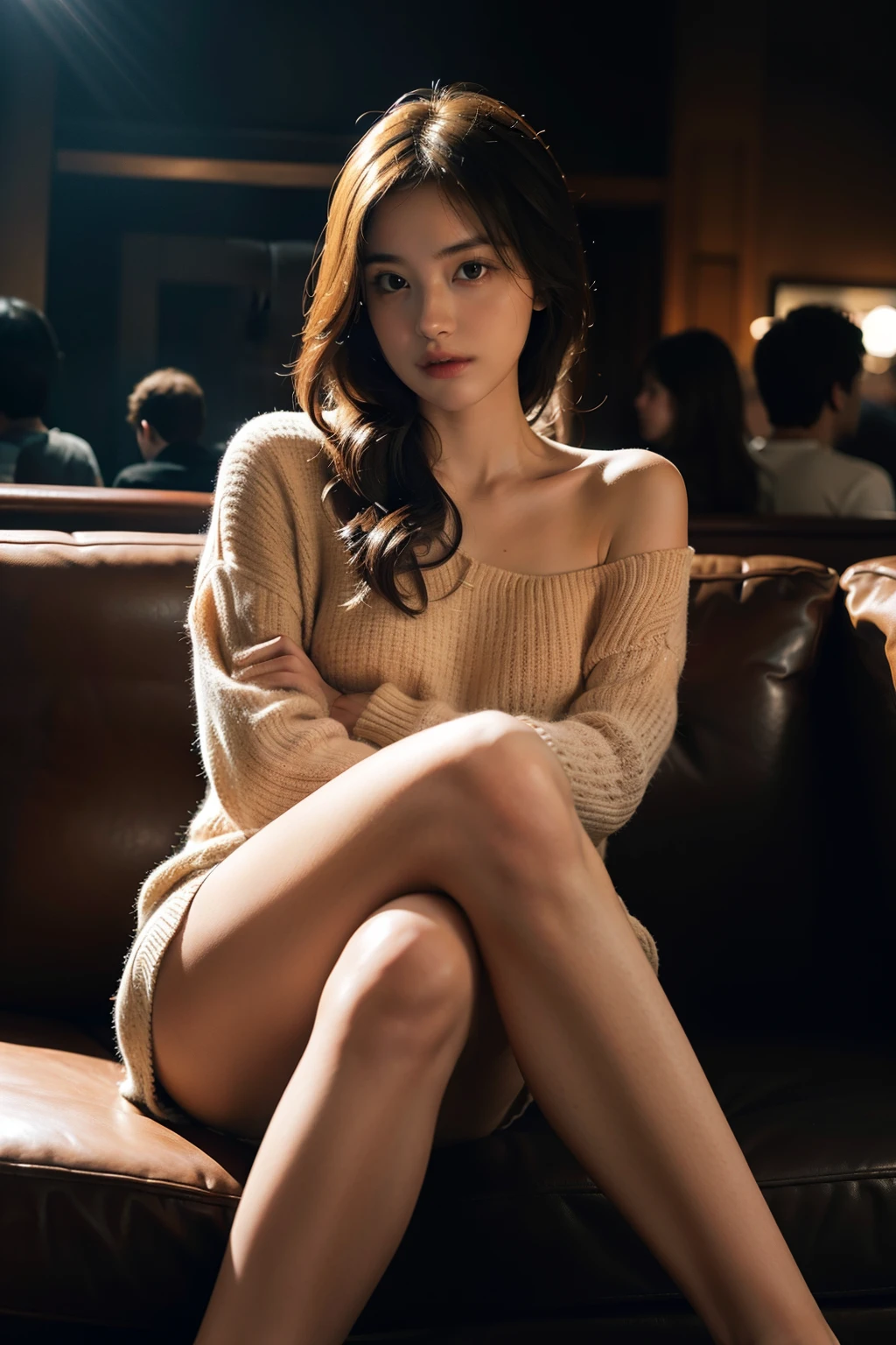 1girl,sitting on a cozy couch,crossing legs,soft light in the club