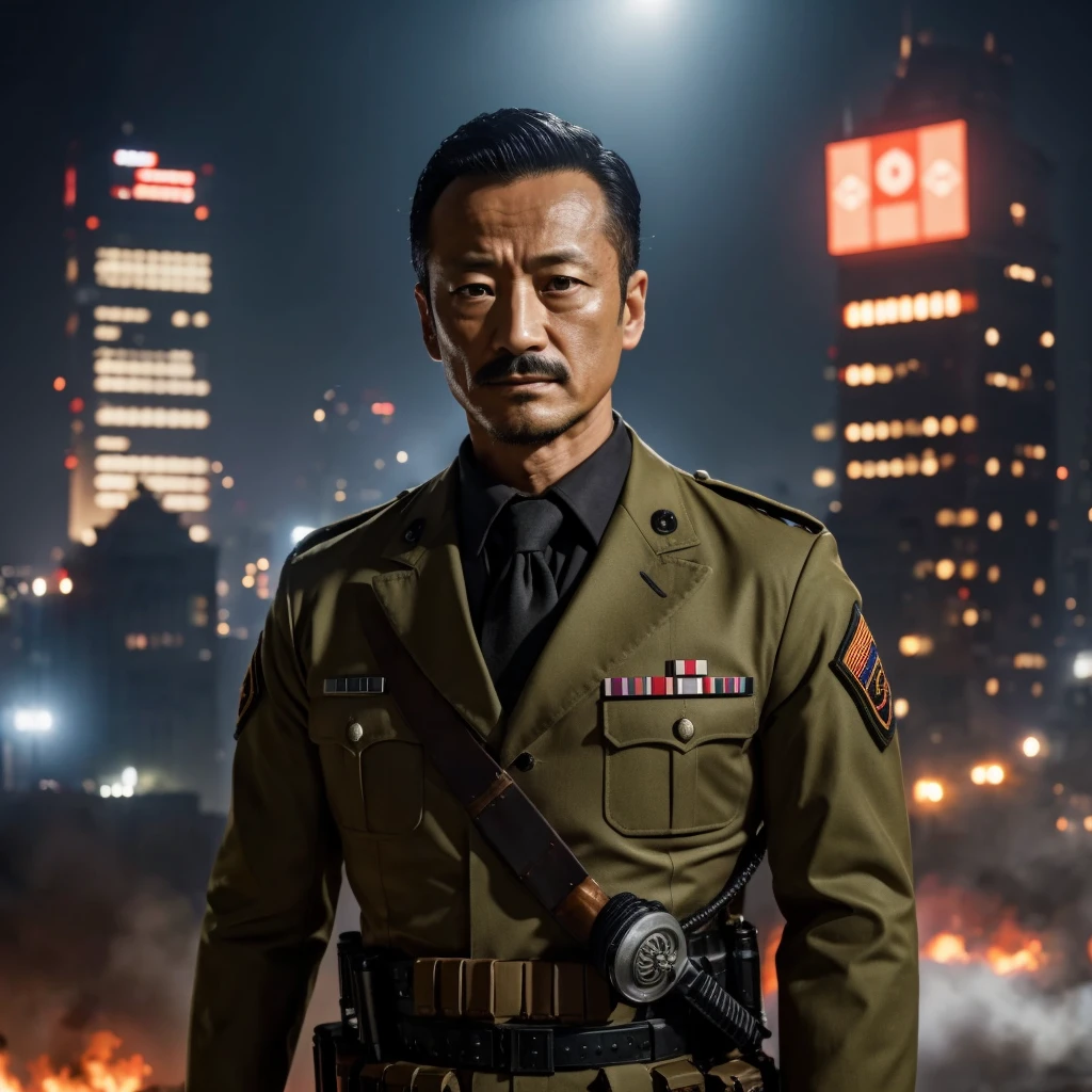 Design an image of a modern Vietnamese male military officer in a dramatic, cinematic style. The officer should be in a contemporary uniform with visible Vietnamese military symbols and insignia, including a distinctive emblem or patch. The face of the officer should be obscured in a cinematic manner—perhaps partially hidden by shadows, a low-angle view, or a strategically placed object like a brim of a hat or a mask. The setting should be atmospheric, such as a misty battlefield, a dimly lit command center, or a dramatic, backlit scene to enhance the visual impact and create a sense of mystery.