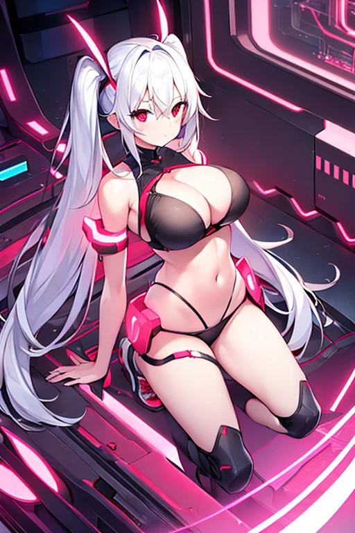 1girl, breasts, large breasts, white hair, long hair, red eyes, serious, twintails, bikini, black bikini, shoes, sneakers, neon trim, ((neon trim)), futuristic, tech, machinery, science-fiction, from above, (from above), standing