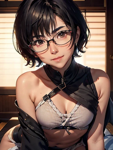 One woman, Japan people in their 20s, symmetrical beauty, Small face, sharp outline, A dark-haired, Shoulder length short bob hair, Curly hair, The hair near the shoulders should have strong waves., With bangs, thick eyebrow, 二重まぶた, drooing eyes, Small nose, Thicker lips, (Rimless glasses, Small glasses, glasses for women), Wheat-toned skin, H Cup, a smile, A slight smil, directly in front of the camera, looking directly at the viewer, Looking at the camera.