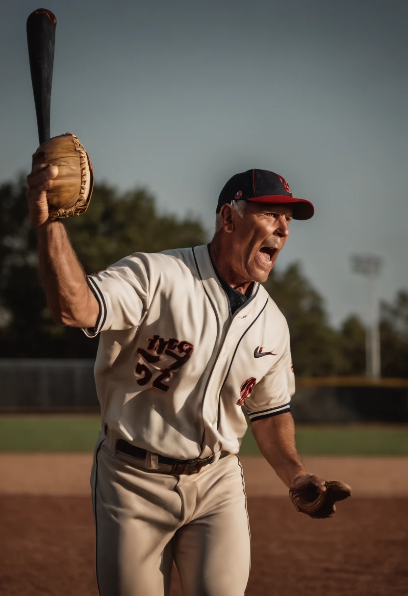 An image of the character angrily throwing a baseball bat across the field,original,50 year old while male that is a football coach and is visibly upset , male