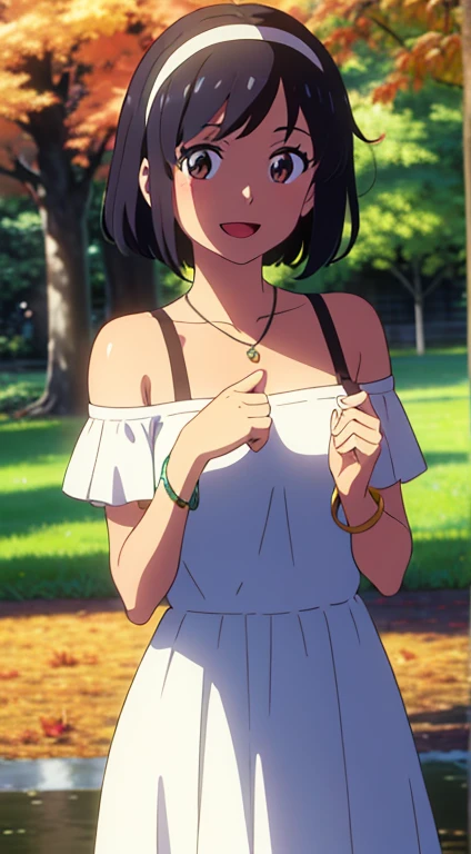 (masterpiece, best quality, high quality, highres, ultra-detailed), shinkai makoto, kimi no na wa., 1girl, bangs, black hair, blush, bright eyes, brown eyes, headband, looking at the viewer, white headband, dress, white dress, white off the shoulder dress, ruffle off the shoulder, short hair, medium breasts, solo, day, Outdoors, shiny skin, standing, shadow, smile, happy, :D, bracelet, necklace, upper-body, {{{{{{in autumn}}}}}}, maple tree, falling leaves, autumn scenery, warm color., beautiful, pretty, {{{{fluttering leaves}}}}