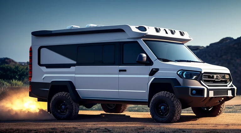 modern 4x4 off-road van, hyper detailed, ultra textured, cinematic lighting, dramatic lighting, natural lighting, octane rendering, volumetric lighting, 8k