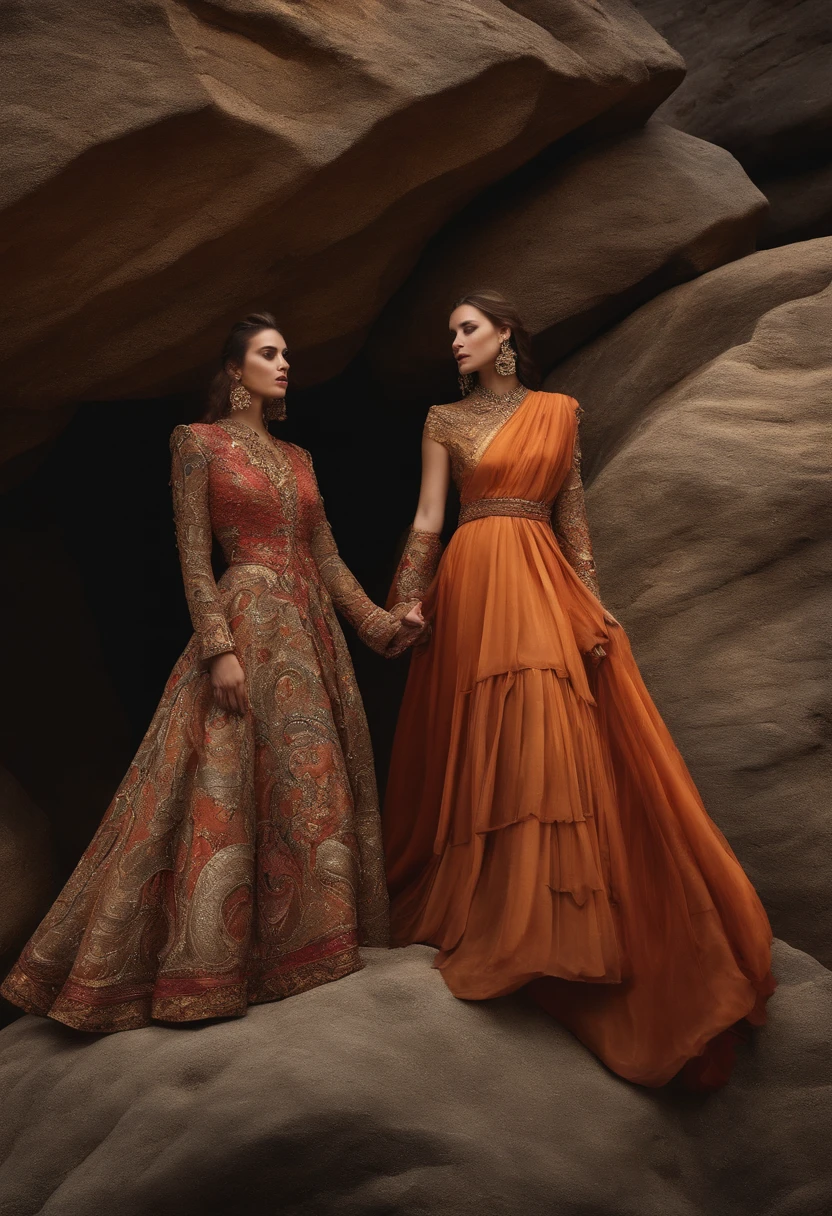 A couple, dressed in intricate stone clothes, radiant with geological beauty::9 vibrant colors, rocky patterns, geological elegance, fashion styles from stone::7 soft lighting, rocky glow, highlighting intricate details::6 interesting, admirable, unforgettable experiences, fashion meets stone --v 5.2