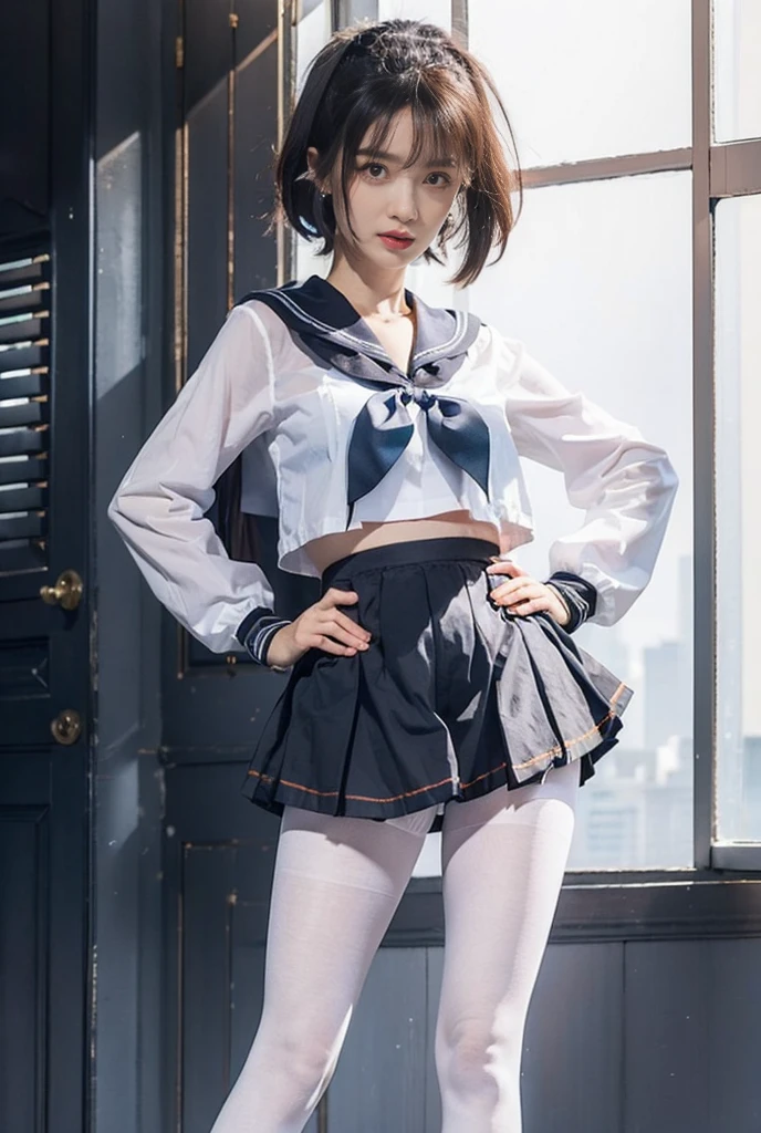 Student Clothing，a sailor suit，White ass pantyhose，White stockings，Thick white pantyhose，Thick white dancing socks，without wearing shoes，huge tit，Cocked buttocks，Super detail，hyper HD,A high resolution,1080p,Anatomically correct，ccurate，Physical coordination，Photo portrait，slender thigh，Delicatemakeup，Best quality, Masterpiece, 超A high resolution, RAW photo, Beautiful and aesthetic,deepshadow, (Photorealistic:1.4), full-body composition, Striking perspective.Naked