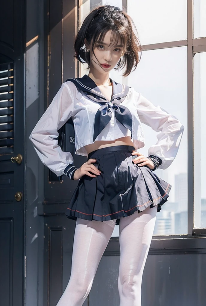 Student Clothing，a sailor suit，White ass pantyhose，White stockings，Thick white pantyhose，Thick white dancing socks，without wearing shoes，huge tit，Cocked buttocks，Super detail，hyper HD,A high resolution,1080p,Anatomically correct，ccurate，Physical coordination，Photo portrait，slender thigh，Delicatemakeup，Best quality, Masterpiece, 超A high resolution, RAW photo, Beautiful and aesthetic,deepshadow, (Photorealistic:1.4), full-body composition, Striking perspective.Naked