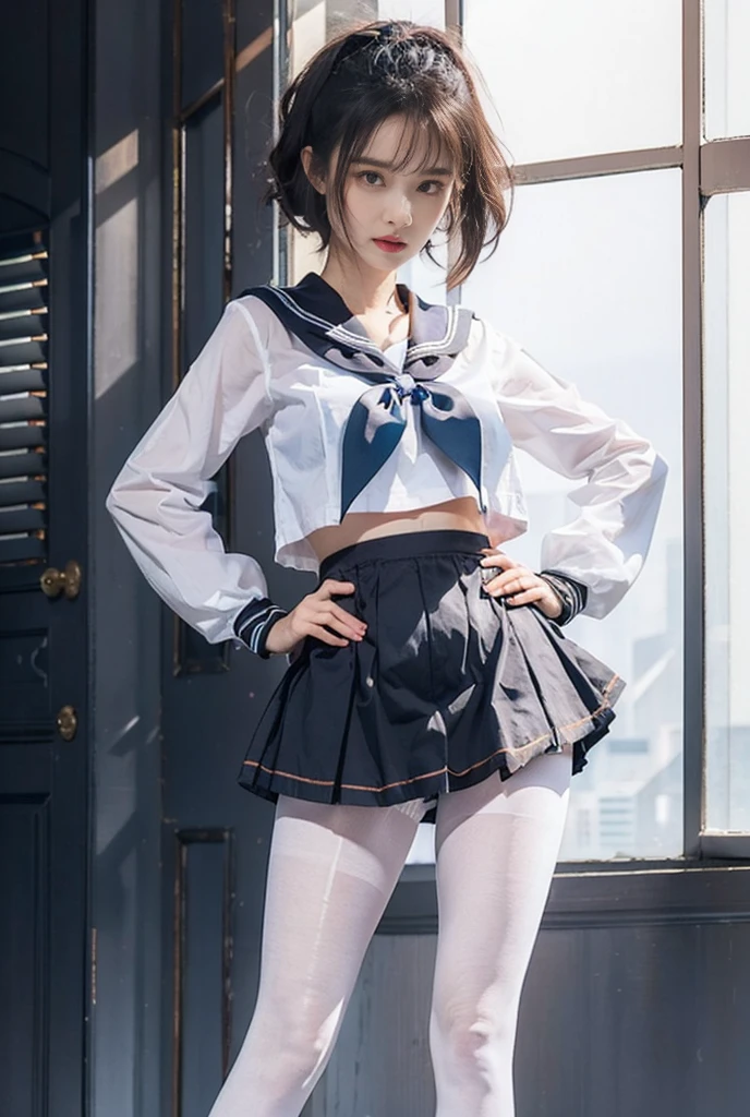 Student Clothing，a sailor suit，White ass pantyhose，White stockings，Thick white pantyhose，Thick white dancing socks，without wearing shoes，huge tit，Cocked buttocks，Super detail，hyper HD,A high resolution,1080p,Anatomically correct，ccurate，Physical coordination，Photo portrait，slender thigh，Delicatemakeup，Best quality, Masterpiece, 超A high resolution, RAW photo, Beautiful and aesthetic,deepshadow, (Photorealistic:1.4), full-body composition, Striking perspective.Naked