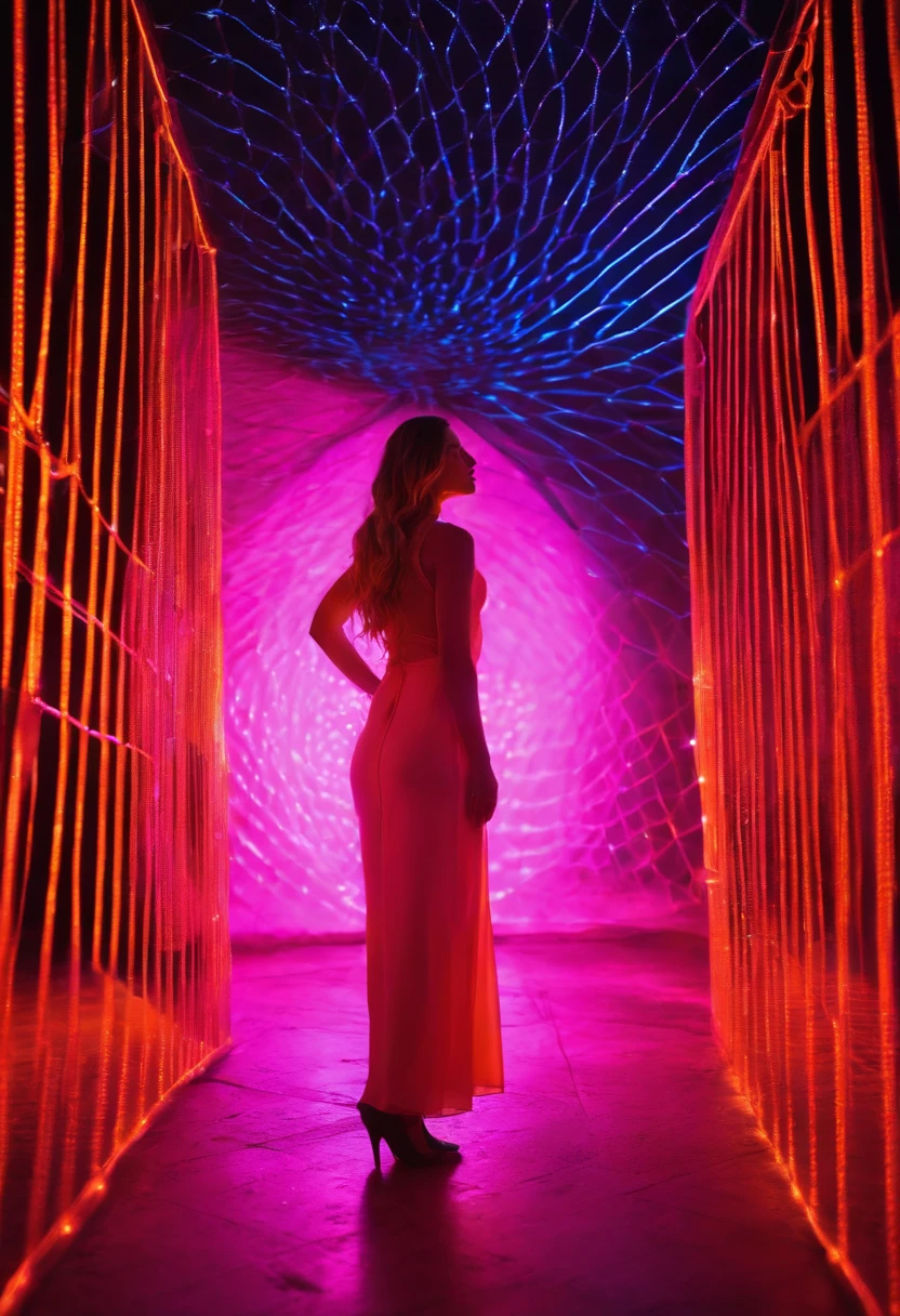 Uplighting, full body photo of A woman holding an invisible object Through a neon mesh, In the style of dreamlike portraiture, magenta and orange, Scanner photography, elegant, captivating Gaze met, data visualization set. Her otherworldly high Fashion portrait seen Behind illusory diaphanous blacklight Starry isometric patterned screen Desert cosmic sky at dawn.