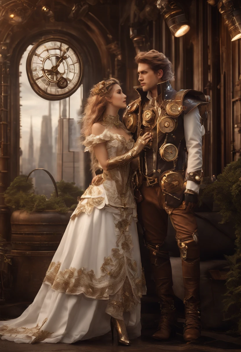 [fairy couple] walking around a steampunk set, in the style of hyper-realistic sci-fi, light white and light gold, mecha anime, exquisite clothing detail, , hyper-realistic, contained chaos, complex enigmas, photorealistic, realistic