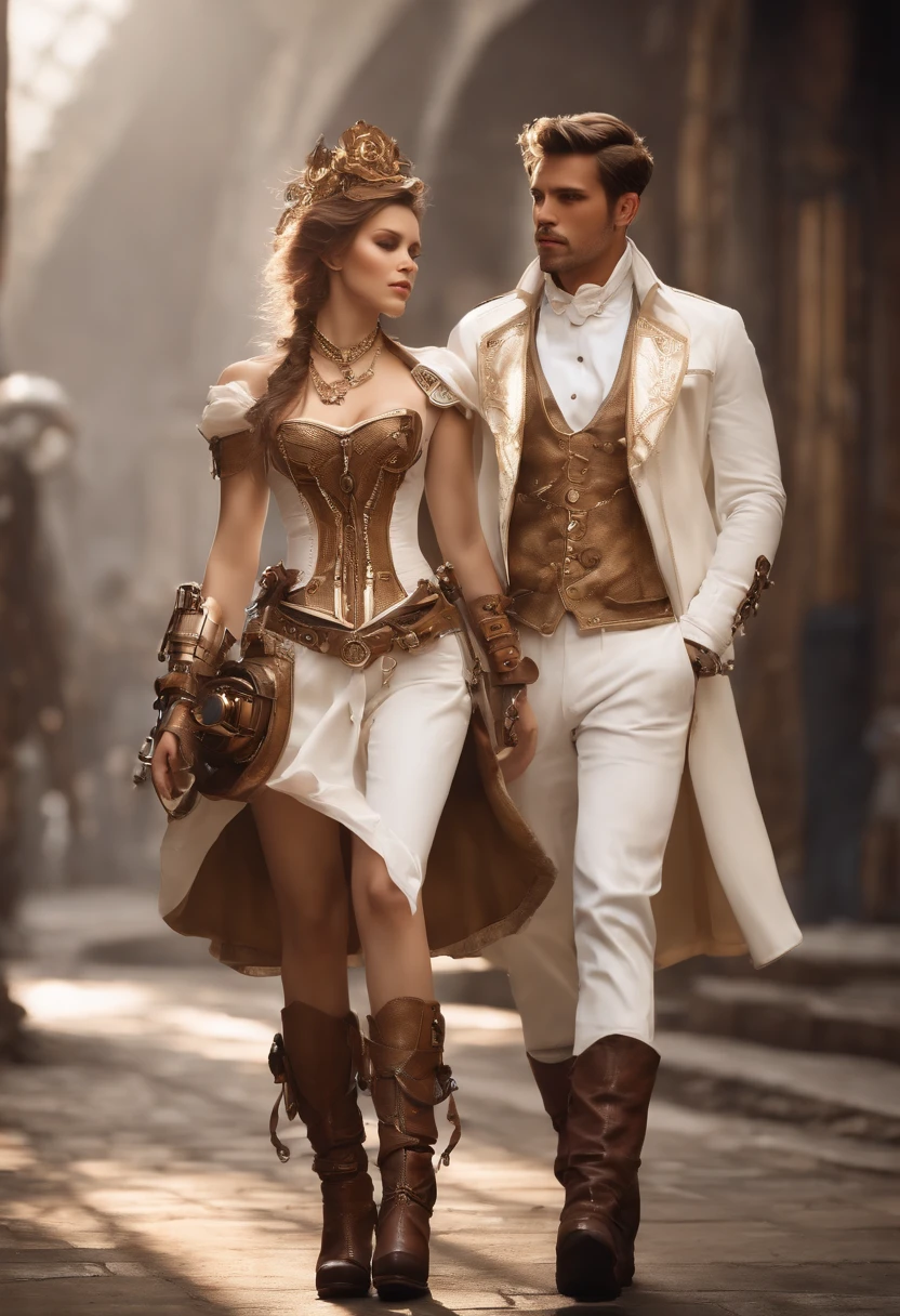 [fairy couple] walking around a steampunk set, in the style of hyper-realistic sci-fi, light white and light gold, mecha anime, exquisite clothing detail, , hyper-realistic, contained chaos, complex enigmas, photorealistic, realistic