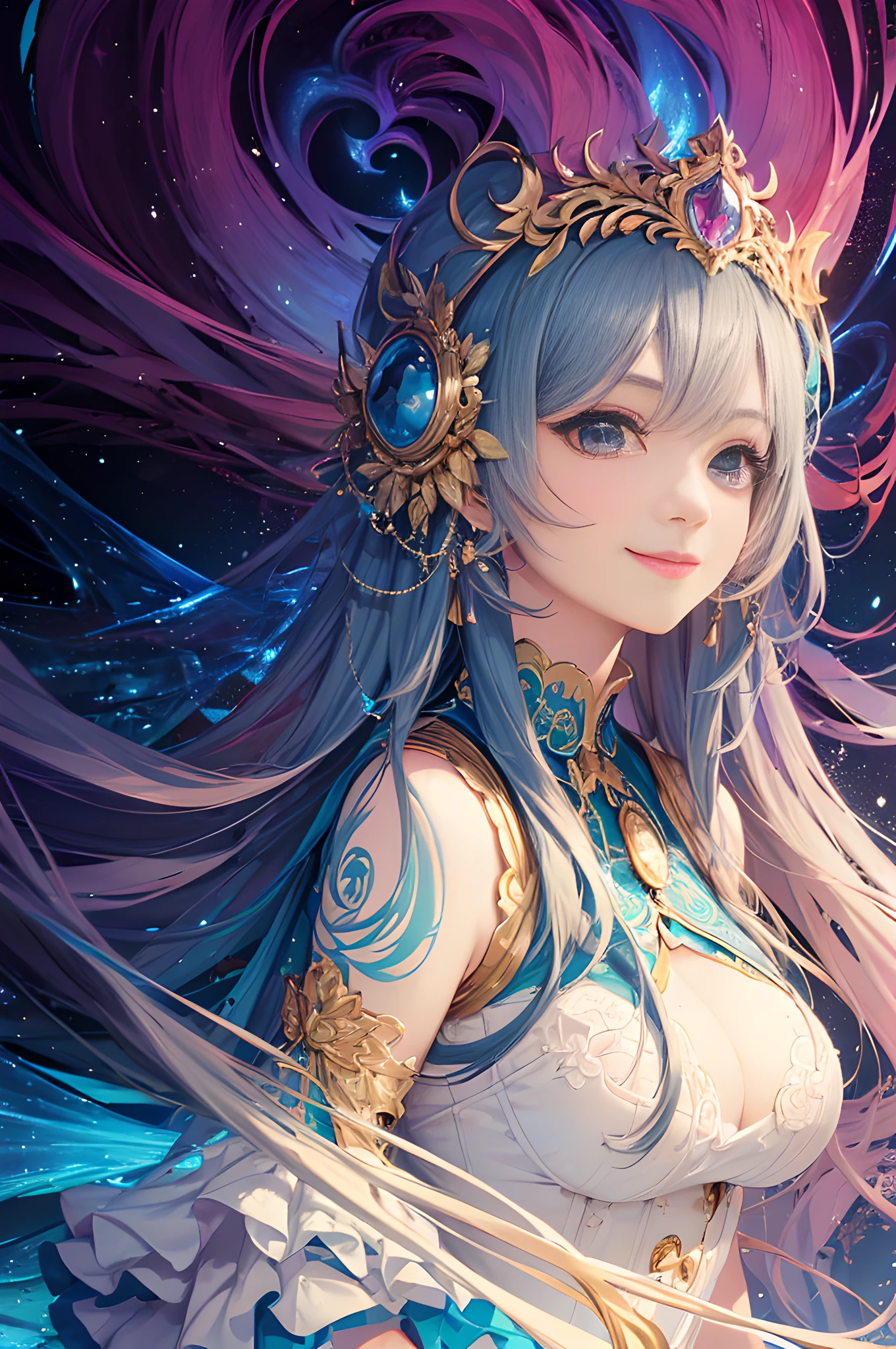 (tmasterpiece, top-quality, Best quality, offcial art, Beautiful and beautiful,(facing me:1.2),Smile gently:1.2), (1 busty girl), The is very detailed,(s fractal art:1.3),Colorful,The most detailed,highly details eye, Sharp and detailed, Focus sharp,18K