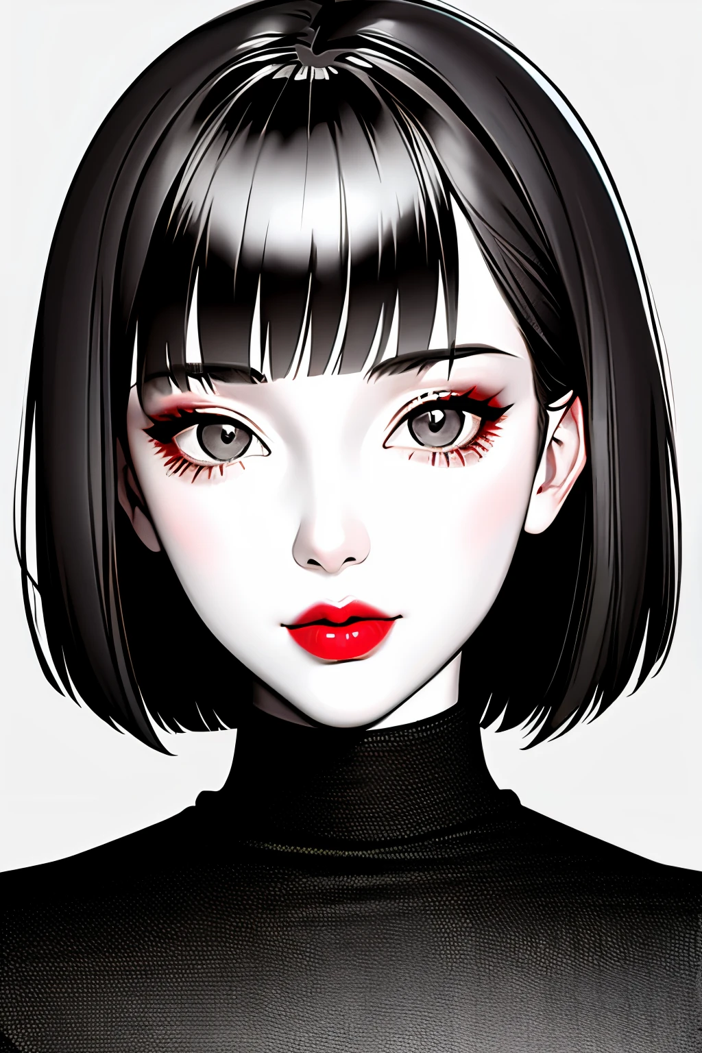 1girl, solo, monochrome, greyscale, bob cut, short hair, portrait, turtleneck, closed mouth, bangs, looking at viewer, blunt bangs, sketch, graphite \(medium\), lips, hatching \(texture\), red lips