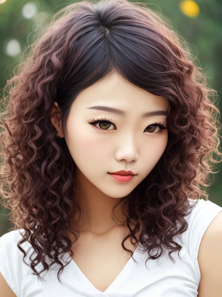 Curly hair, bangs, 20s, woman, piercing, long hair, round face, Asia