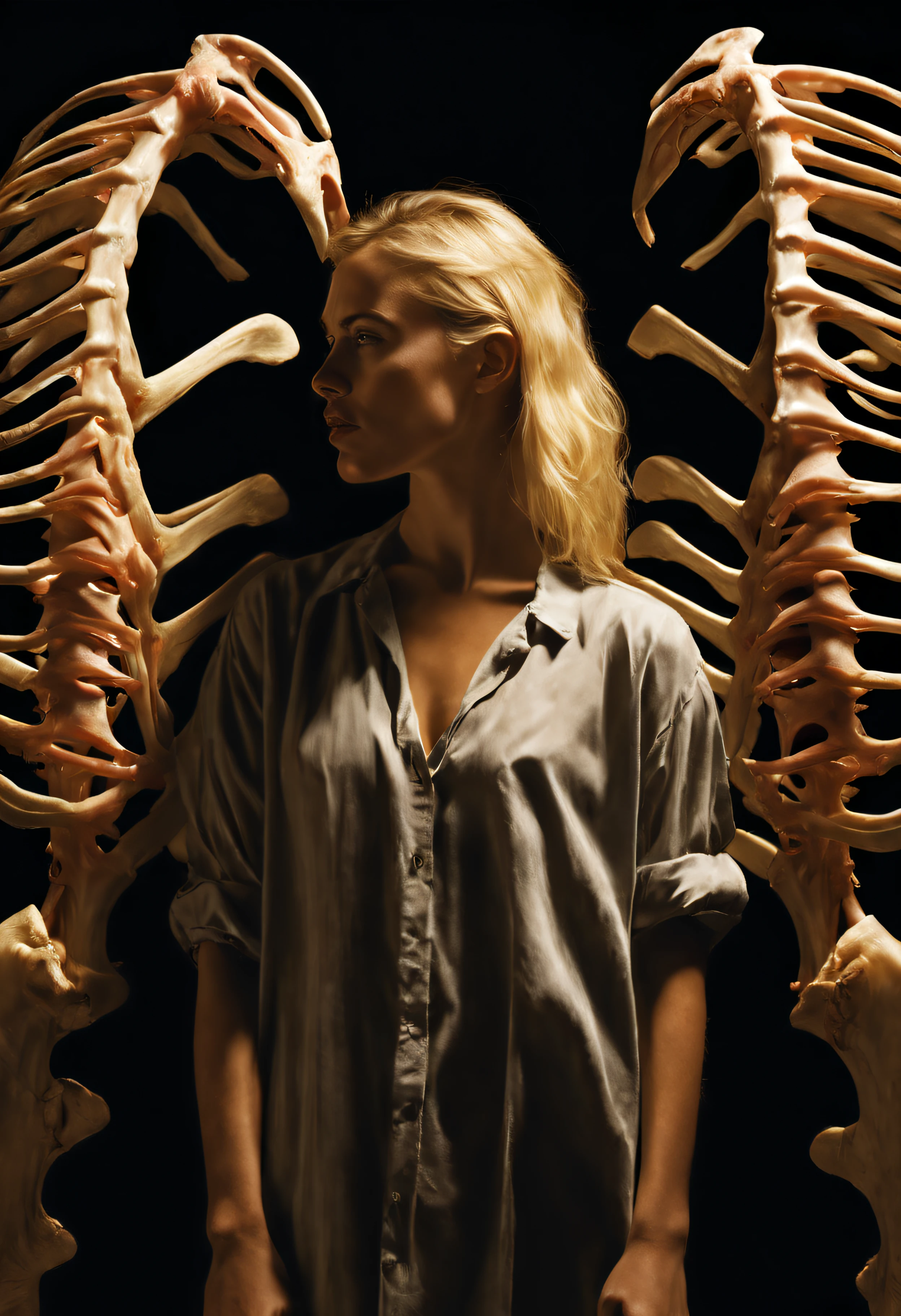 "(The best lighting, alto contraste, oscuro, dramatic),(Chica rubia junto a una cabra negra gigante, Open the rib cage, autopsia, caldero con huesos humanos, sangre por las paredes). Luz Caravaggio"