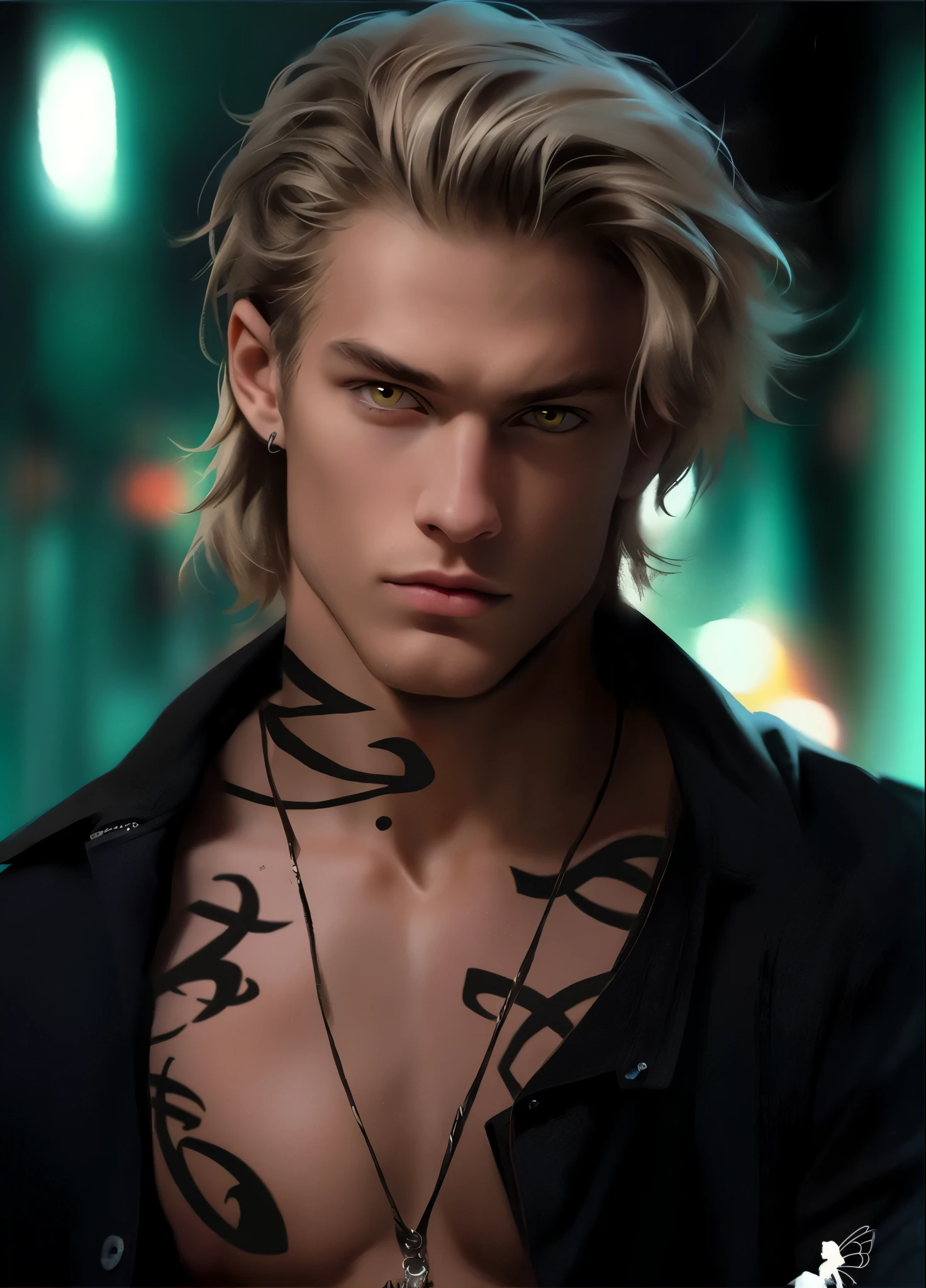 um close up de um homem com tatuagens no peito, cara bonito na arte demon slayer, XQC, retrato masculino da fantasia, young blonde boy fantasy thief, estilo anime masculino, Retrato anime de um homem bonito, elfo masculino bonito, pose de anime bonito, personagem de anime masculino, inspirado em Adrian Zingg, homem bonito anime, androgynous male, bonito impressionante realista