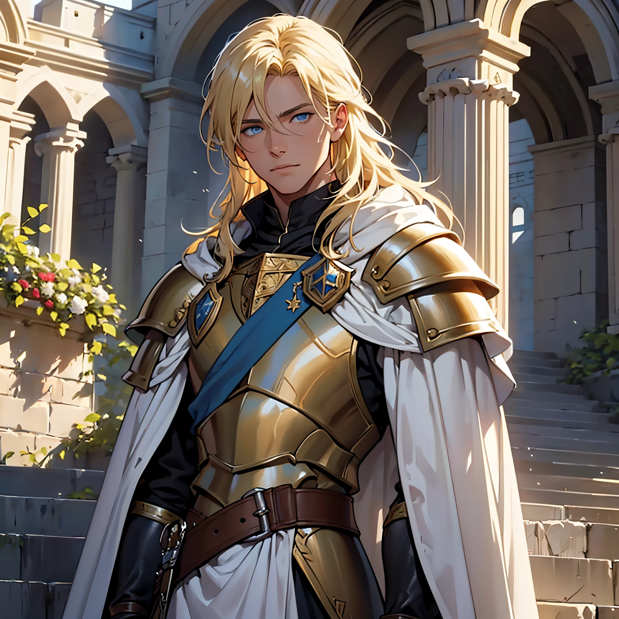 ​masterpiece, Best Quality, 4k, Very detailed, Close-up of a person&#39;Upper body body, Background with:In front of the stairs of a medieval castle built on a lake, Knight of Rohan in golden armor and white cloak, blonde blue eyes