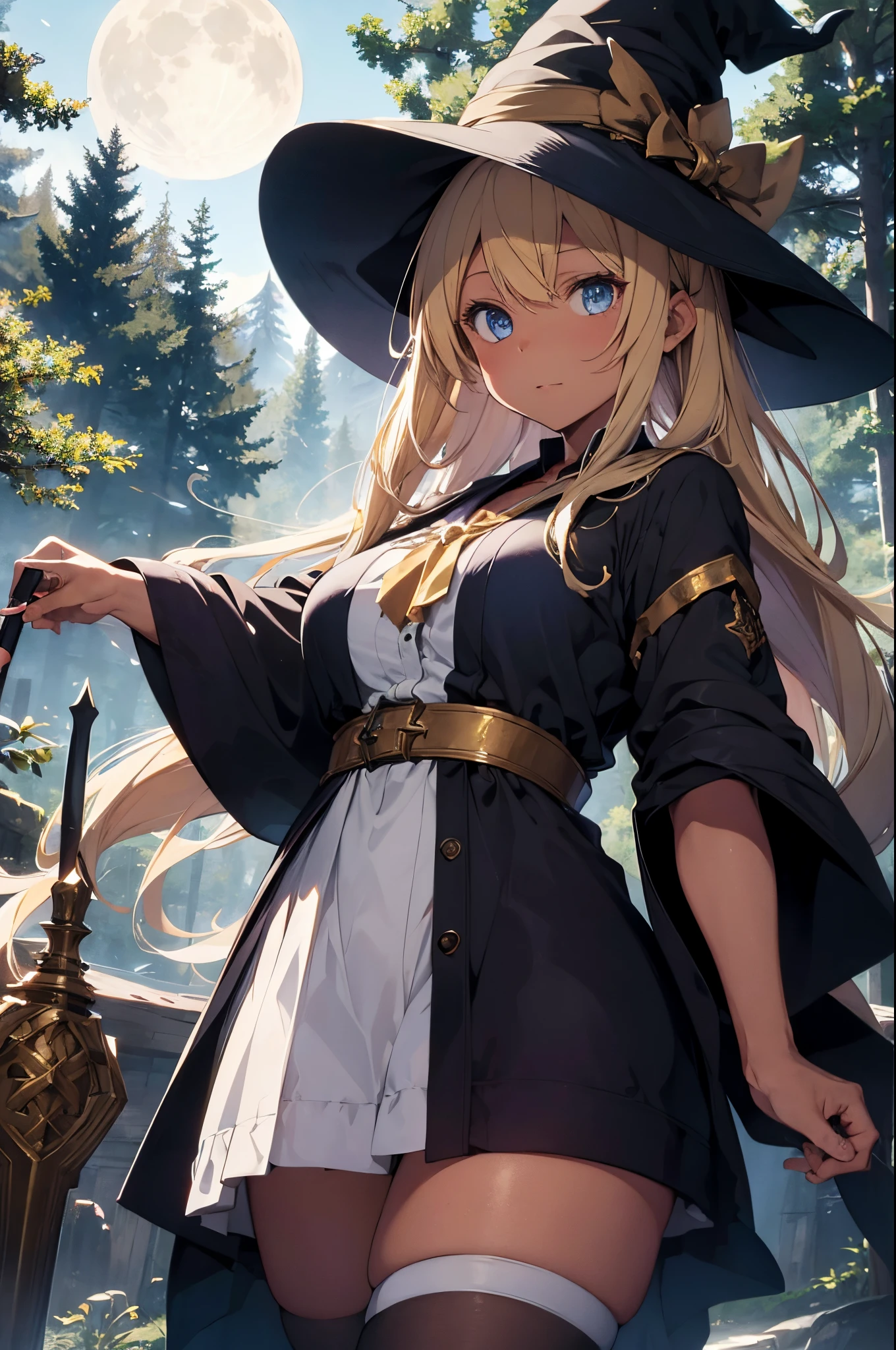 Female, Hime Cut Blonde hair, Blue eyes, dark brown skin, large breasts, wearing a witches hat and robe, wielding a staff. A forest in the background with the moon up high