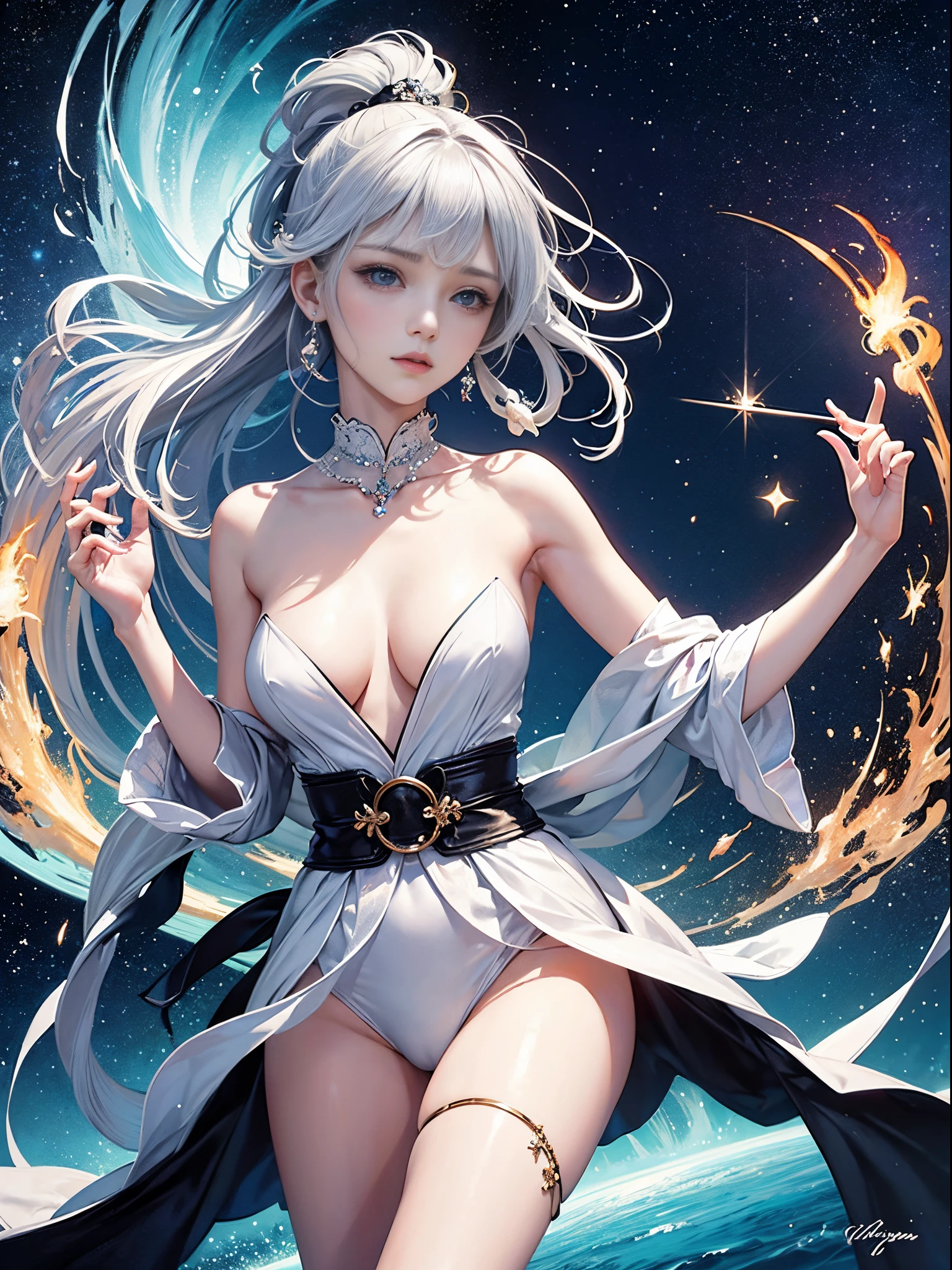 offcial art, Unity 8k壁纸, ultra - detailed, Beautiful and beautiful, tmasterpiece, Best quality at best, (Tangled, datura, clew, meshing), (s fractal art: 1.3), Princess Serenity in January, (Hairstyle 2 Odango and Long 2 Ponytail)New Moon, The is very detailed, dynamic angle, cow boy shot, The most beautiful form of chaos, Elegant, Fauvist design, vivd colour, romanticism lain, The stars shine, aurora borealis