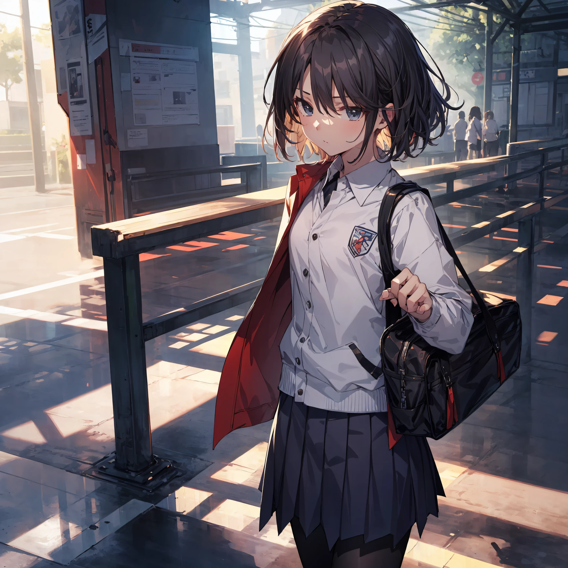 of the highest quality, anime moe art style,Best Anime 8K Konachan Wallpapers,Pixiv Contest Winner,Badass Anime 8K,Perfect Anatomy, (Draw a girl sleepily walking to school. ),BREAK, 1girl in, (Solo,Lori,child,13years:1.3),a junior high school student, Androgynous attraction, (Very short hair),hair messy, Full limbs, complete fingers,flat chest, Small butt, groin, Small eyes,Precise black eyes,disgusted eye, School uniform, Skirt,On the way to school. BREAK,Ultra-detailed,High resolution,super detailed skin, Professional Lighting, (cool illustration:1.2),