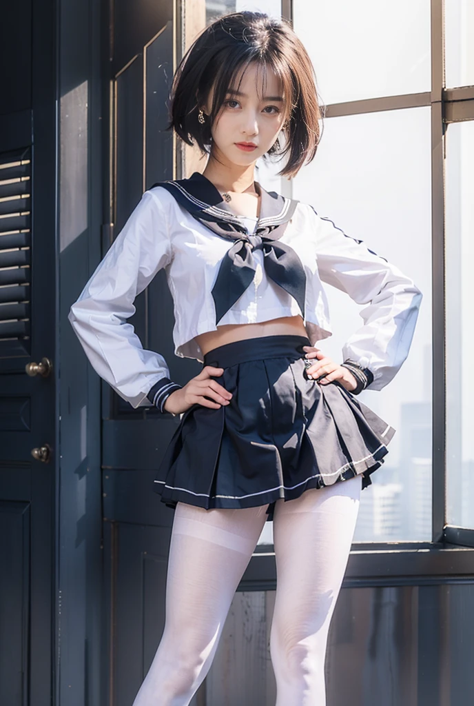 Student clothing，a sailor suit，White ass pantyhose，White stockings，Thick white pantyhose，thick white dance socks，without wearing shoes，Colossal tits，Upturned buttocks，super detailing，hyper HD,A high resolution,1080p,Anatomically correct，acurate，body coordination，Portrait photos，Slender thighs，Delicatemakeup，Best quality at best, tmasterpiece, 超A high resolution, RAW photogr, Beautiful and beautiful,deepshadow, (realisticlying:1.4), full-body composition, Striking perspective.barechested