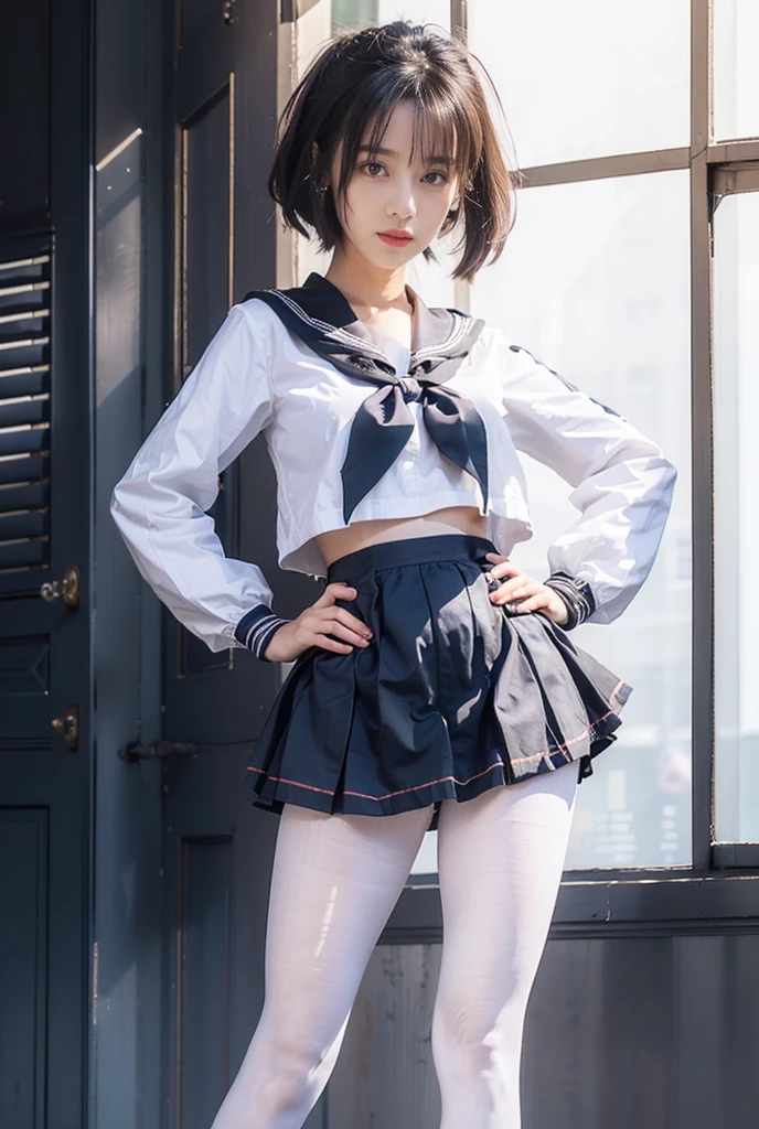 Student clothing，a sailor suit，White ass pantyhose，White stockings，Thick white pantyhose，thick white dance socks，without wearing shoes，Colossal tits，Upturned buttocks，super detailing，hyper HD,A high resolution,1080p,Anatomically correct，acurate，body coordination，Portrait photos，Slender thighs，Delicatemakeup，Best quality at best, tmasterpiece, 超A high resolution, RAW photogr, Beautiful and beautiful,deepshadow, (realisticlying:1.4), full-body composition, Striking perspective.barechested