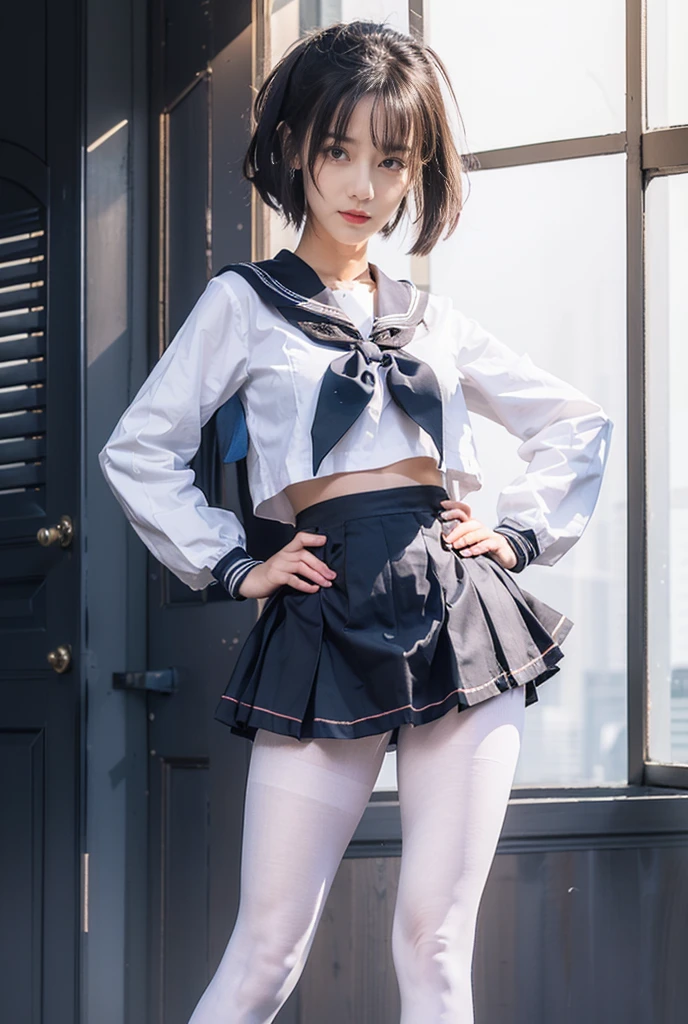 Student clothing，a sailor suit，White ass pantyhose，White stockings，Thick white pantyhose，thick white dance socks，without wearing shoes，Colossal tits，Upturned buttocks，super detailing，hyper HD,A high resolution,1080p,Anatomically correct，acurate，body coordination，Portrait photos，Slender thighs，Delicatemakeup，Best quality at best, tmasterpiece, 超A high resolution, RAW photogr, Beautiful and beautiful,deepshadow, (realisticlying:1.4), full-body composition, Striking perspective.barechested