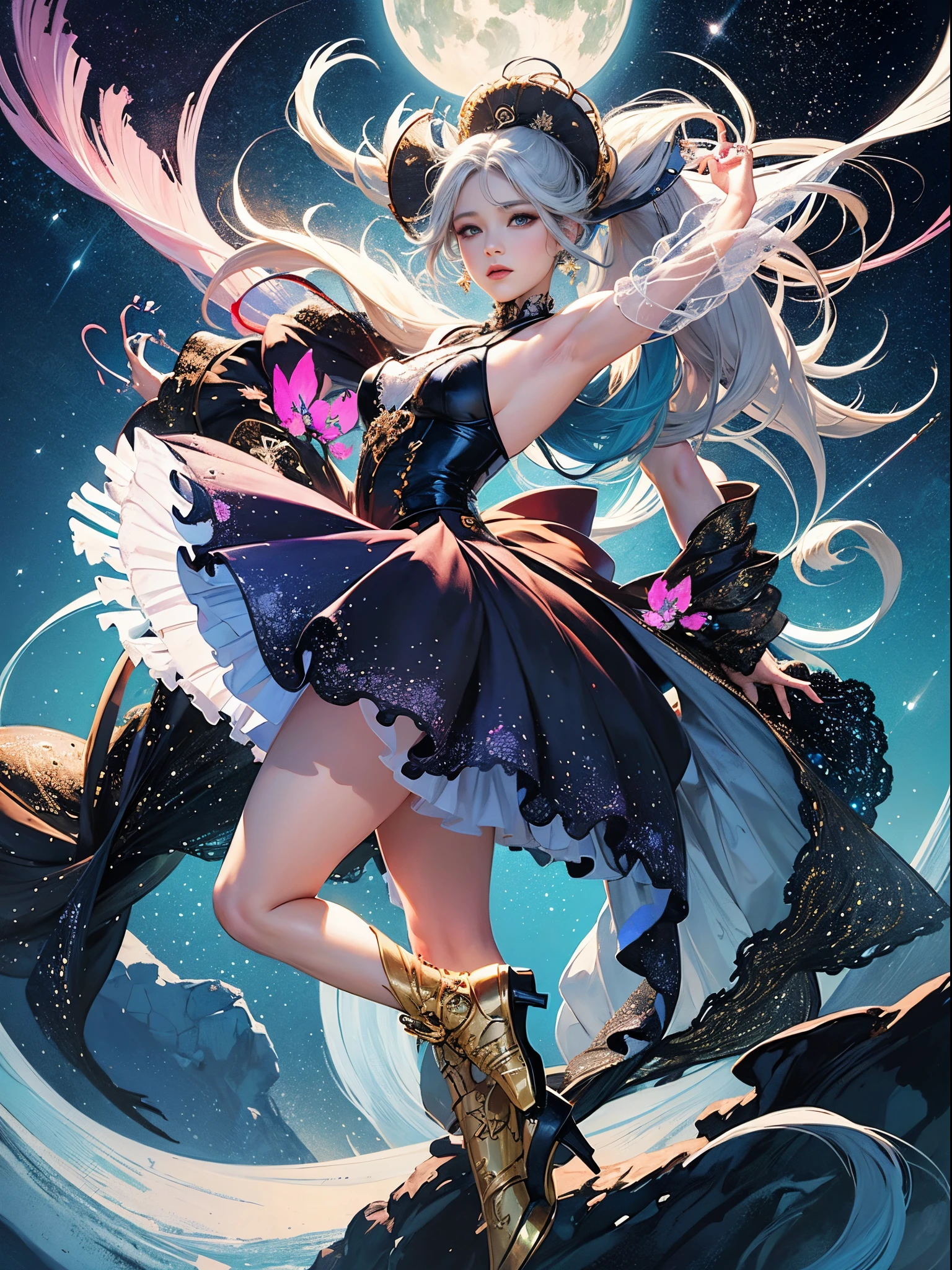 offcial art, Unity 8k壁纸, ultra - detailed, Beautiful and beautiful, tmasterpiece, Best quality at best, (Tangled, datura, clew, meshing), (s fractal art: 1.3), Princess Serenity in January, (Hairstyle 2 Odango and Long 2 Ponytail)New Moon, The is very detailed, dynamic angle, cow boy shot, The most beautiful form of chaos, Elegant, Fauvist design, vivd colour, romanticism lain, The stars shine, aurora borealis