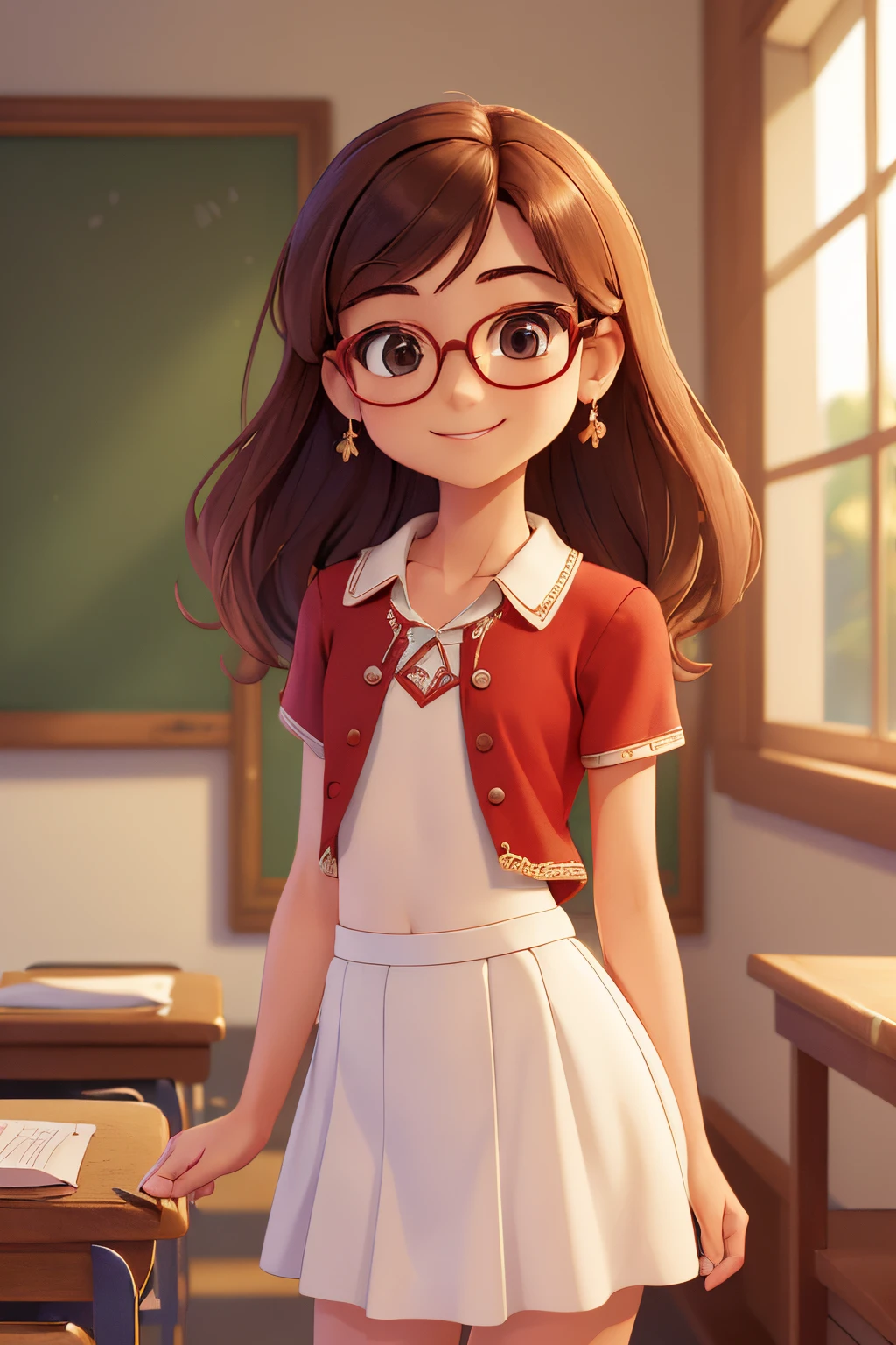 (A small chest:1.3),(Masterpiece, Best quality:1.4), (Beautiful, Aesthetic, Perfect, Delicate, Intricate:1.2),((Best quality)), ((Masterpiece)), (Detailed),(A high resolution:1.2), Classroom, An adult female, Smiling Claudia Chever, Red shirt, White skirt, Glasses, Bend over, angle of view,