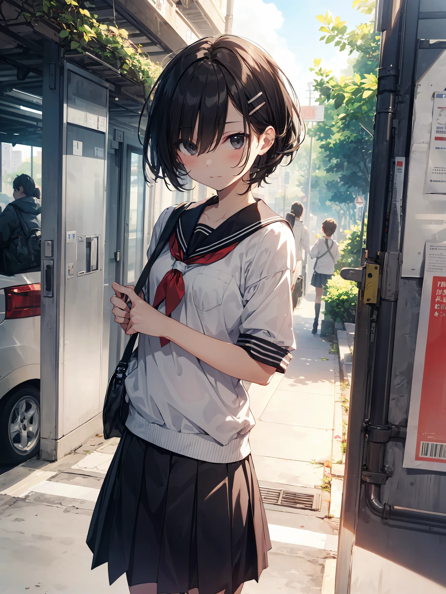 top-quality, anime moe art style,Best Anime 8K Konachan Wallpapers,Pixiv Contest Winner,Perfect Anatomy, (Draw a girl sleepily walking to school. ),BREAK, 1girl in, (Solo,Lori,child,15yo student:1.3),High school students, Short hair, Forehead, (Hair over one eye:1.4),Full limbs, complete fingers,medium breasts, groin, Small eyes,Precise black eyes, hair clips, Sailor Uniform, Skirt,Summer route to school. BREAK,Ultra-detailed,High resolution,super detailed skin, Professional Lighting,8k eye details, (Cute illustration:1.2),