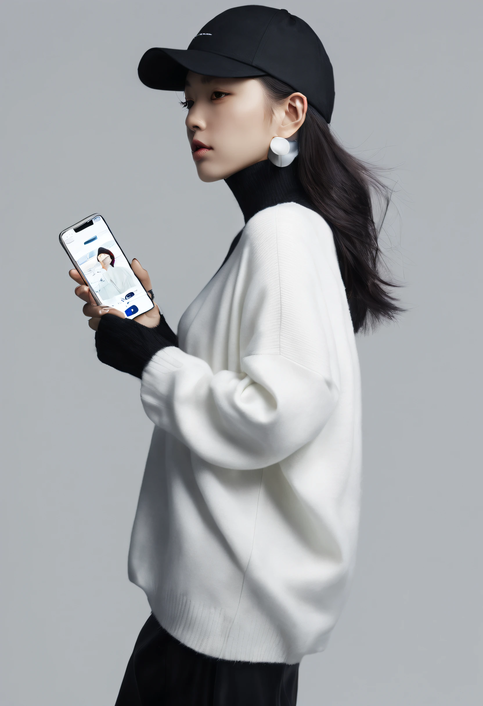 Remixing, Japanese woman silhouette , neon light background, oversized sweater style, Full body lesbian, white cap, holding cell phone, Side view, Shoot real, Remixing_Carter Carter, dfd