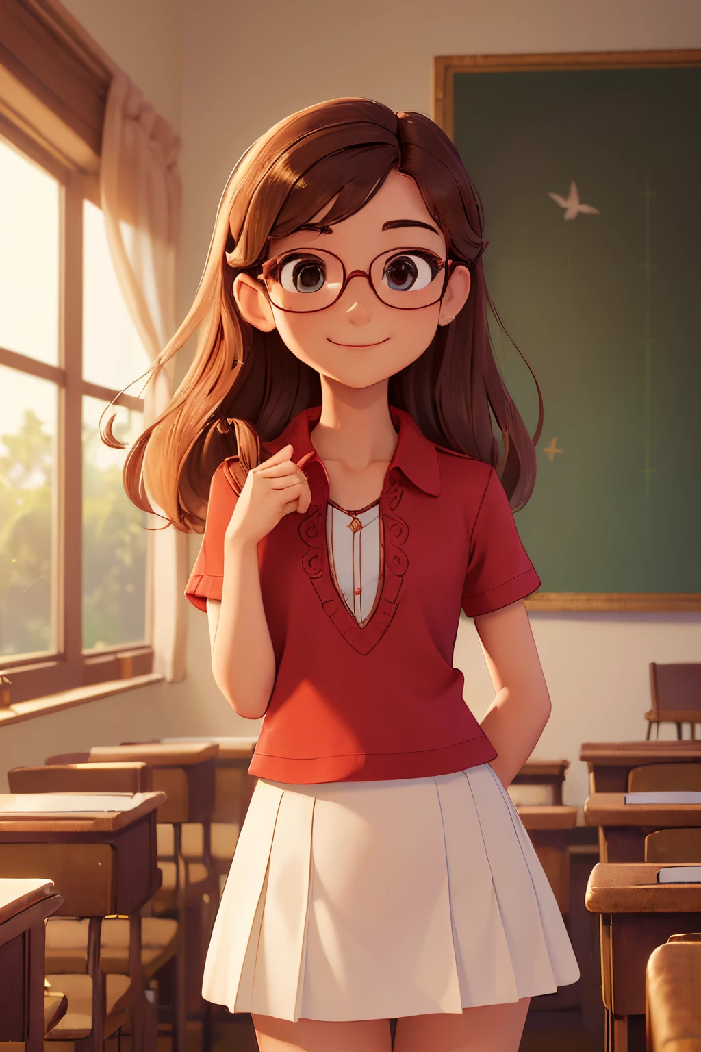 (A small chest:1.3),(Masterpiece, Best quality:1.4), (Beautiful, Aesthetic, Perfect, Delicate, Intricate:1.2),((Best quality)), ((Masterpiece)), (Detailed),(A high resolution:1.2), Classroom, An adult female, Smiling Claudia Chever, Red shirt, White skirt, Glasses, Bend over, angle of view,