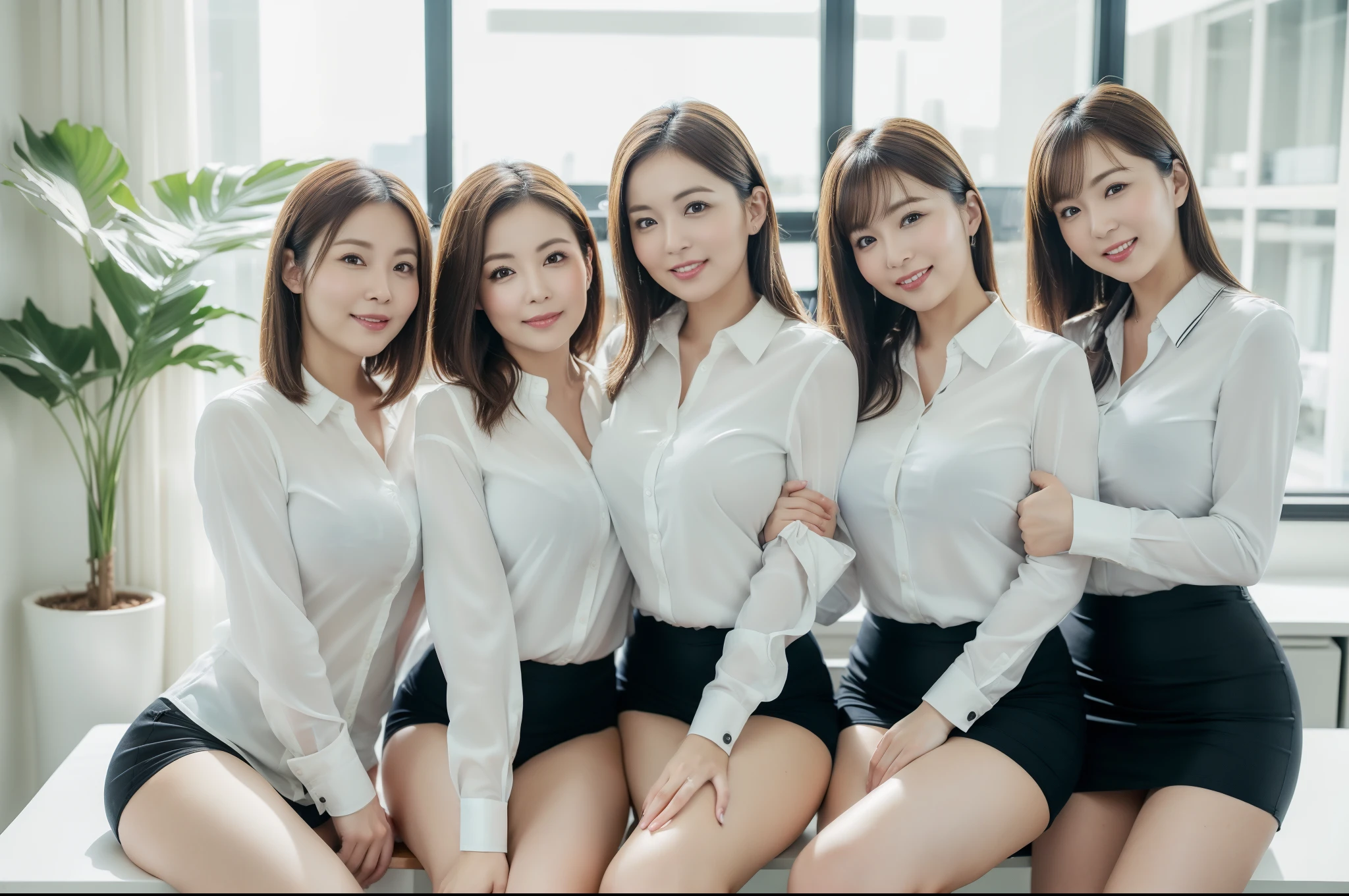 ((Best Quality, 8k, Masterpiecedetails, ultra-high resolution)), (group picture),(looking at the viewer), (full shot:), attractive business 5 milfs, 5 people, a bit chubby:0.15, seductive expression, white collared shirt, seductive underwear, (sitting with cross legs on office desks)), smile, office of CEO,