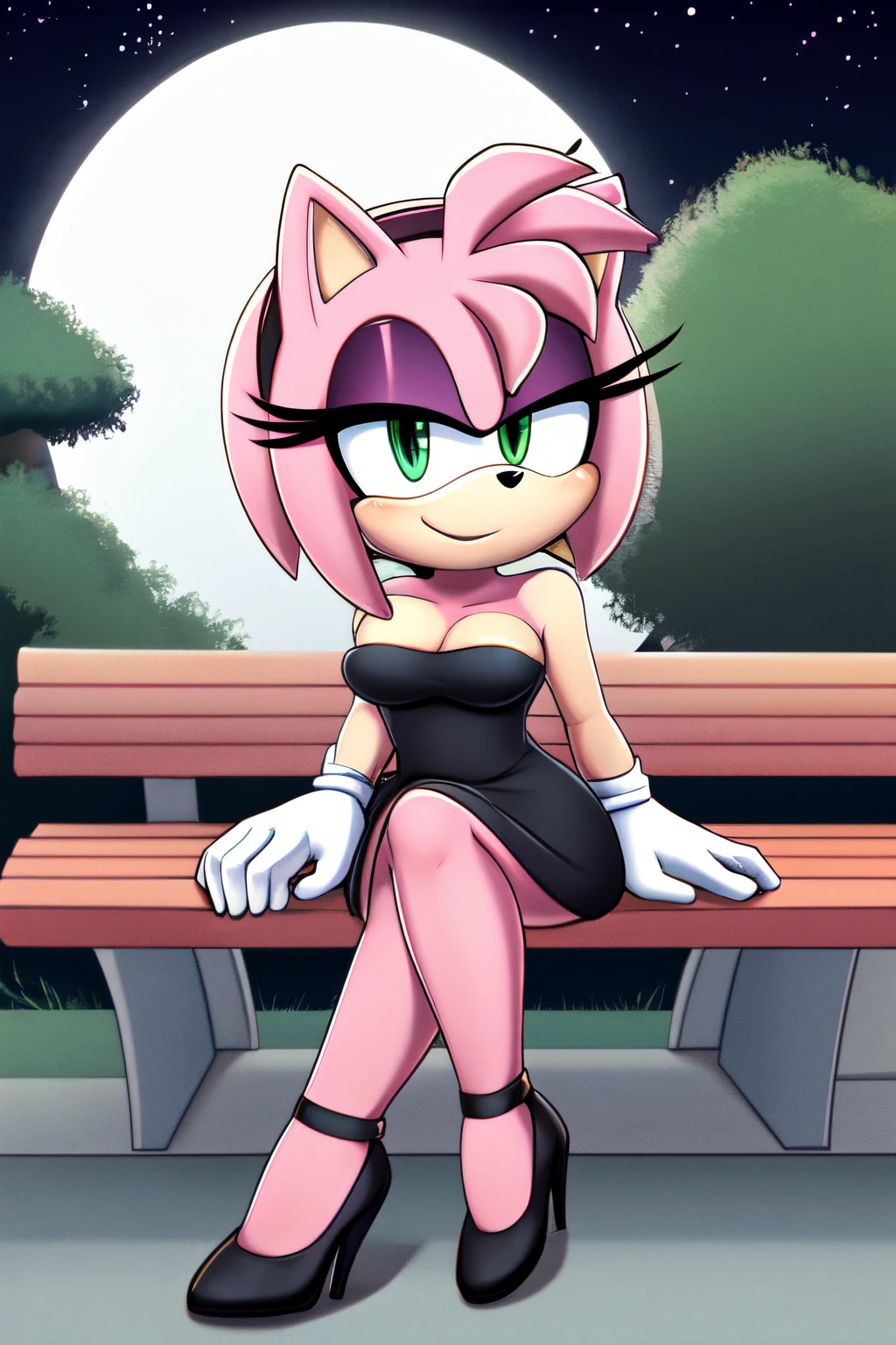 full body, Amy Rose, seductive, medium breast, bare shoulder, little black dress, strapless dress, skin-tight dress, black high heels, full moon, at night, park background, sitting on a park bench, smile, 2D illustration