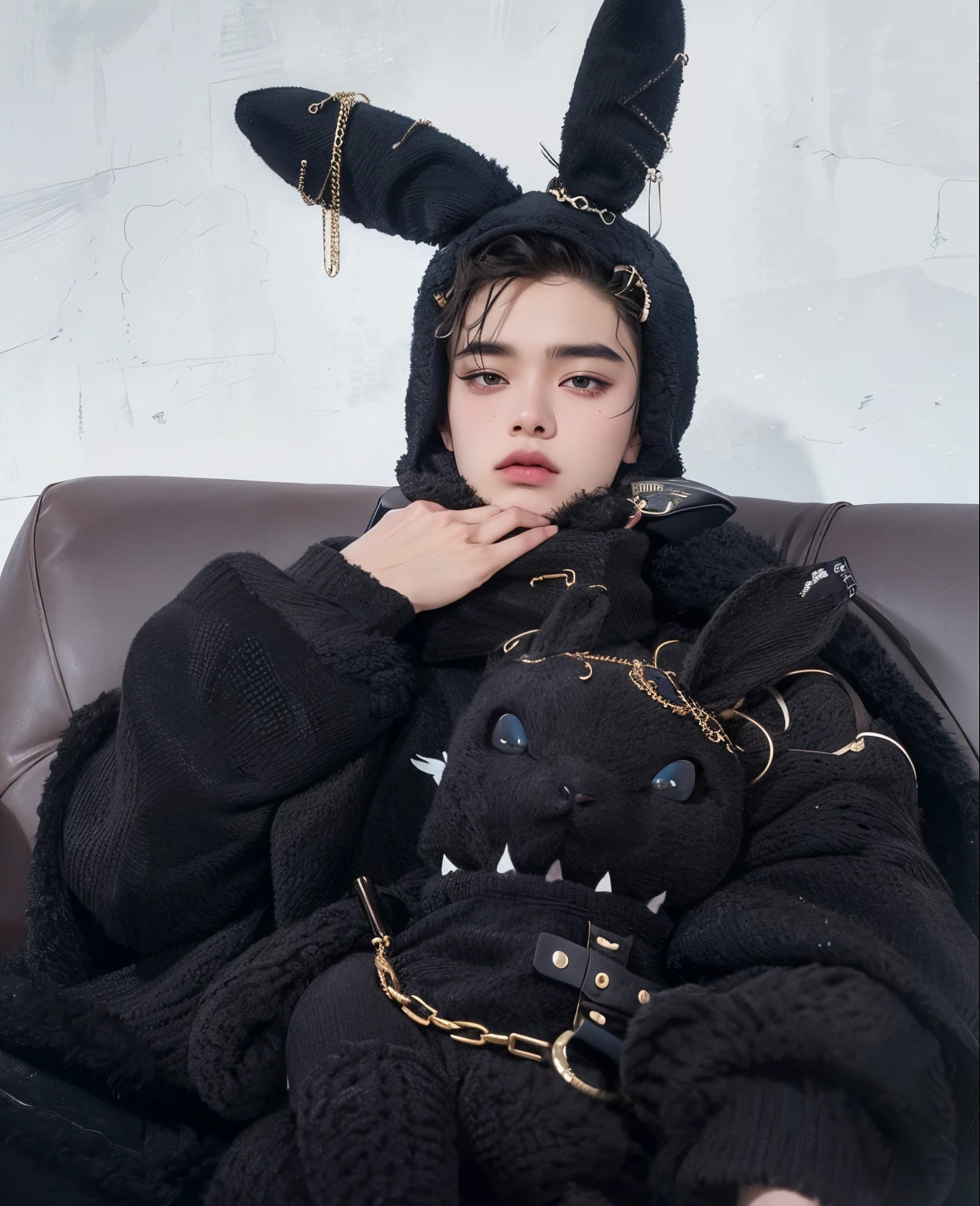 Araffe wearing a black bunny costume sitting on a sofa., Blade de Drain Gang, Cai Xukun, Kim Doyoung, Jung Jaehyun, con una sudadera con capucha negra, con un traje de conejito, Parece un siervo humano, Jinyoung Shin, usar un traje de enchufe, Ulzzang masculino, Hong June Hyung, Hyung Tae, Jossi de Blackpink