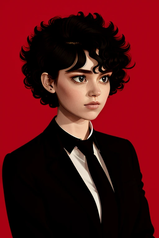 a 1girl, body complet, very detail, a lot of details, very extremely beautiful,  ((tmasterpiece, minimalism)), (curly short Hair), (black necktie, Red shirt), bright colours, looks into the distance,