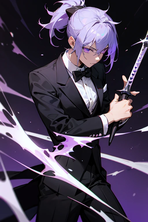 male dagger wielder with black ponytail, purple eyes, and a tuxedo