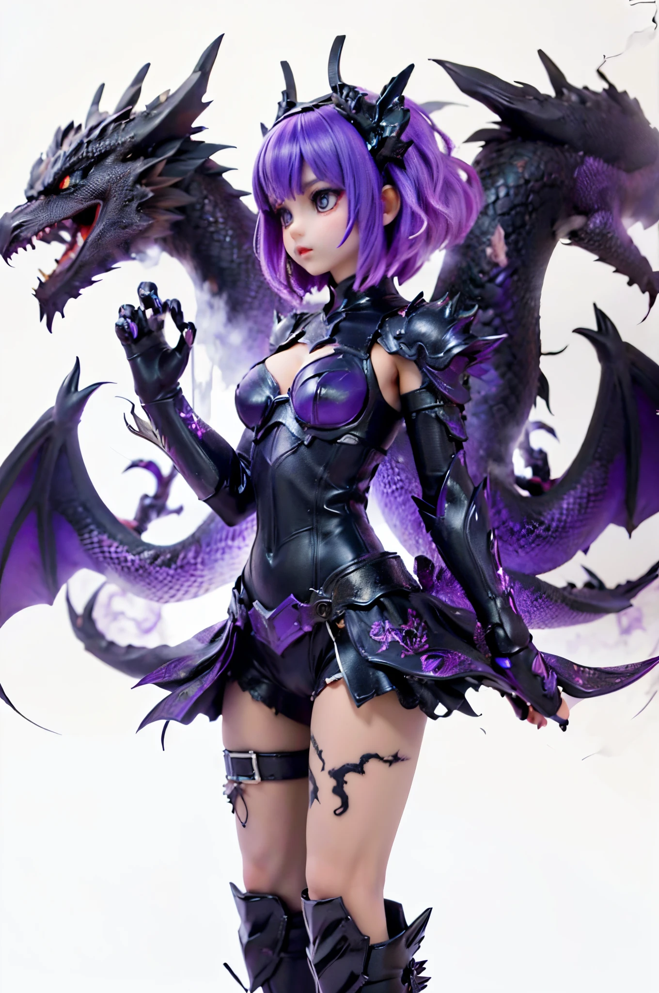 A girl who fused with a dragon. A three-headed dragon. Black dragon. black armor. purple flame.